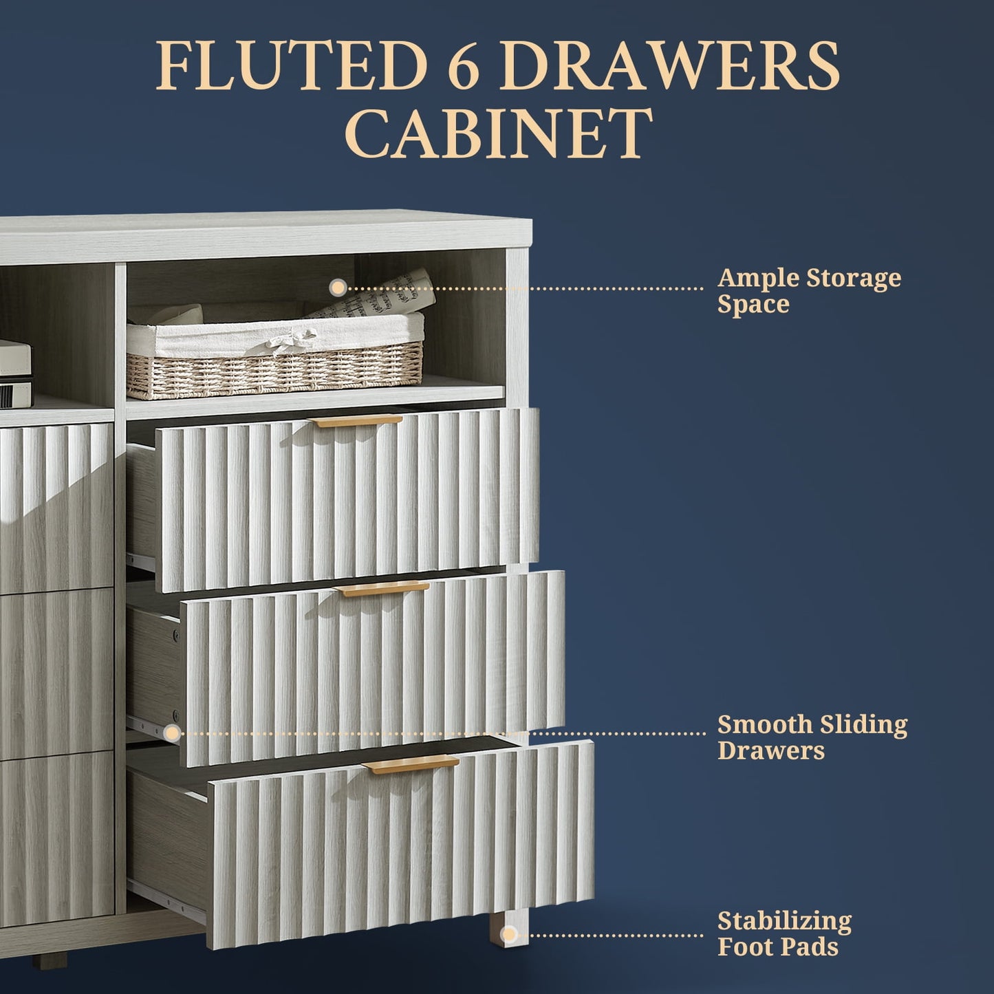 OAKHAM 6 Drawer Dresser, Fluted Wide Chest of Drawers for Bedroom Living Room, Pale Oak