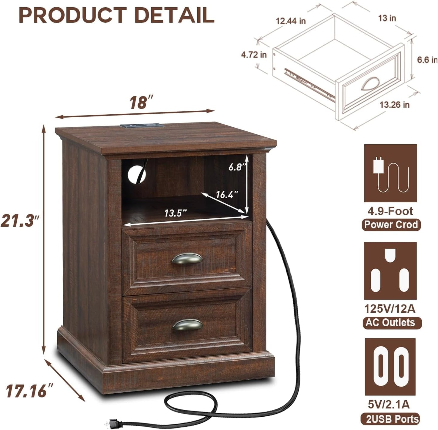 SinCiDo End Table, Dresser for Bedroom with 2 Drawers, Small Wood Rustic Nightstand with Charging Station for Living Room
