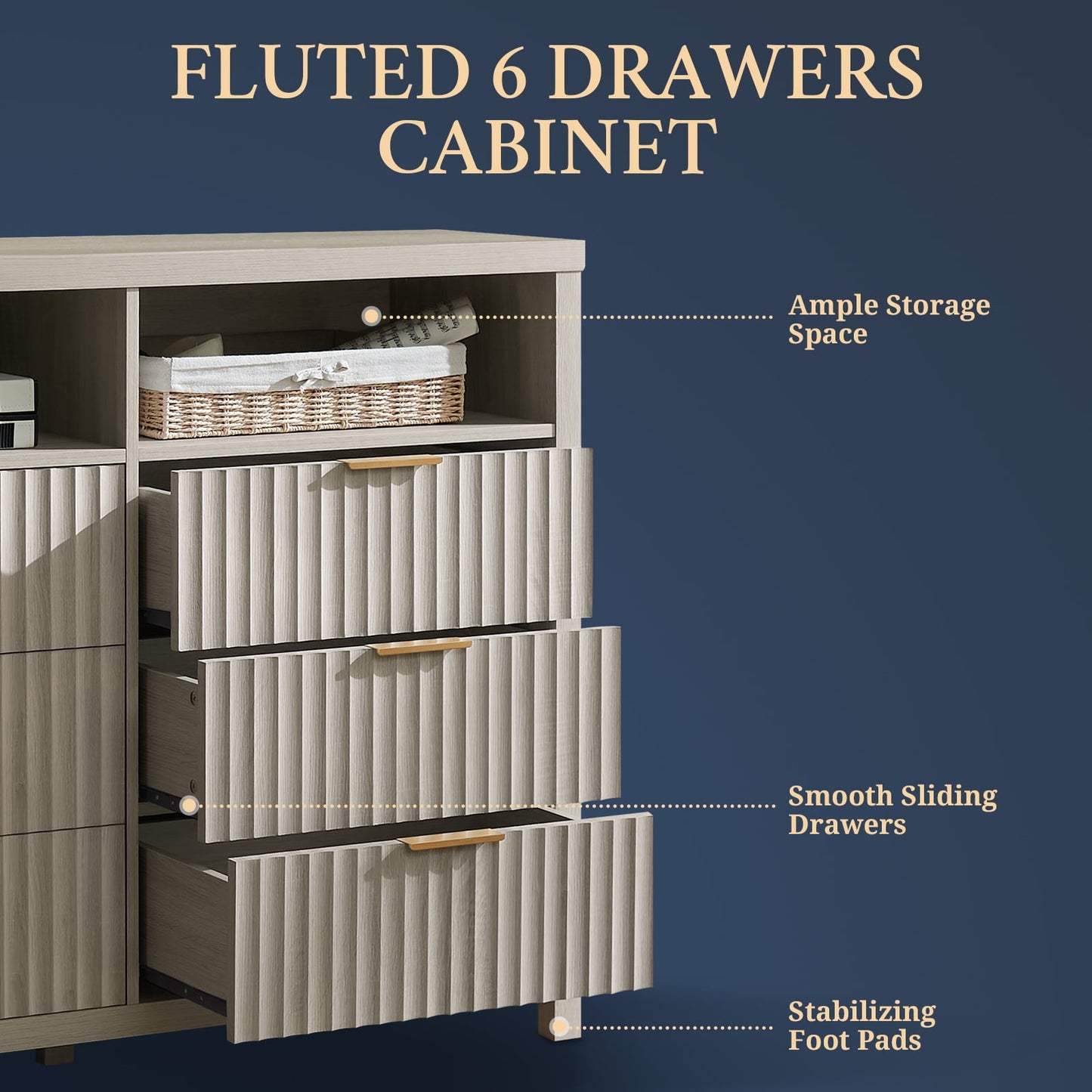 OAKHAM 6 Drawer Dresser, Fluted Wide Chest of Drawers for Bedroom Living Room, Gray Oak