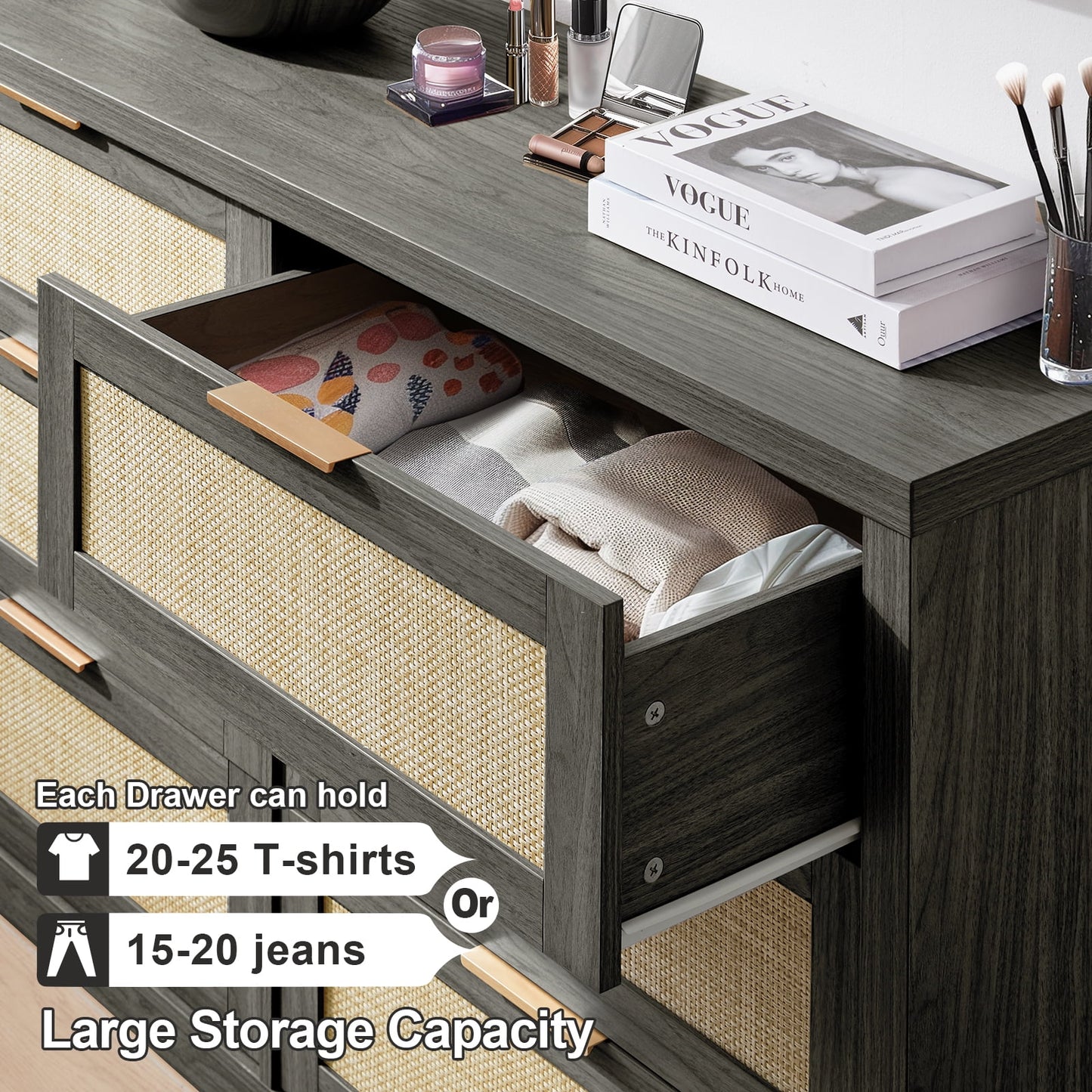 OAKHAM 6 Drawer Dresser, Rattan Wide Chest of Drawers for Bedroom Living Room, Midnight Oak