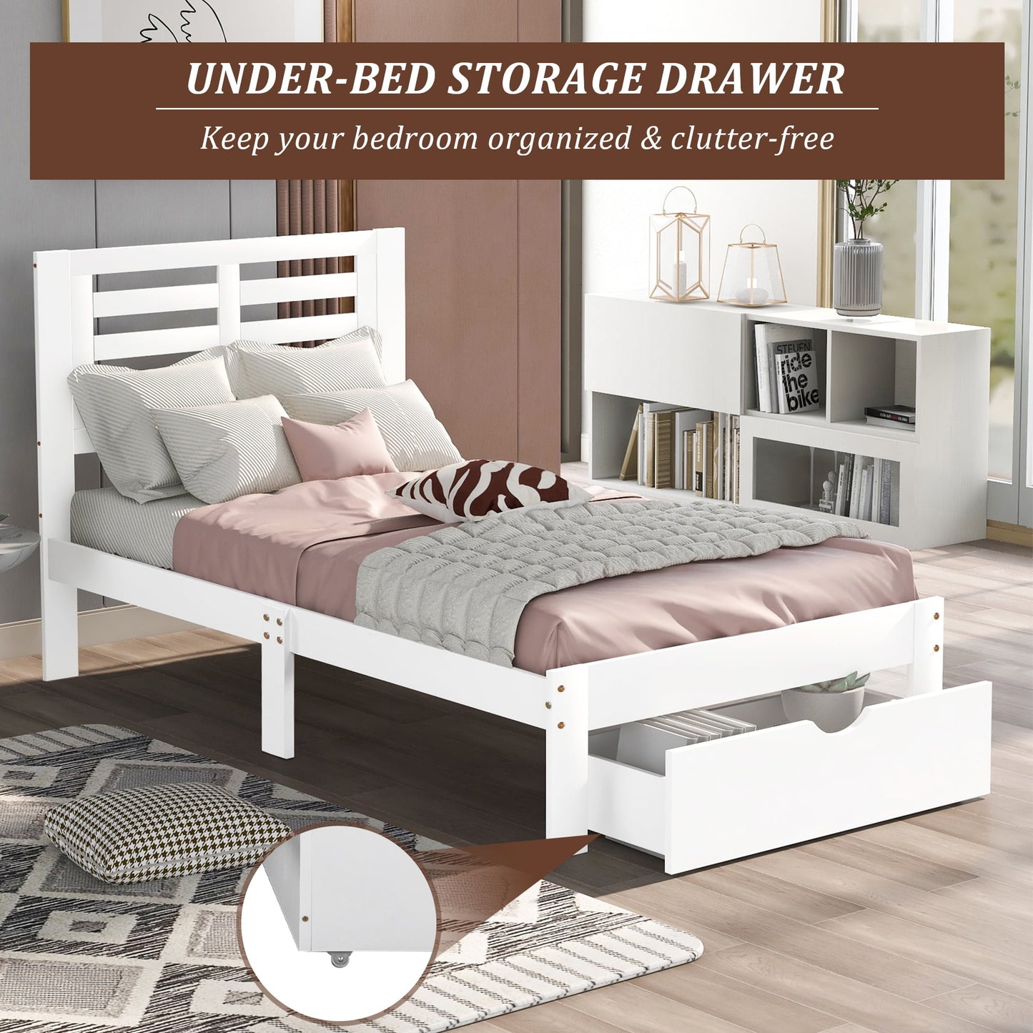 UHOMEPRO Twin Kids Platform Bed Frame with Headboard, Wood Twin Bed Frame Storage Bed for Bedroom, Modern Twin Size Bed Frame with Drawer, Wood Slats Support, No Box Spring Needed, White