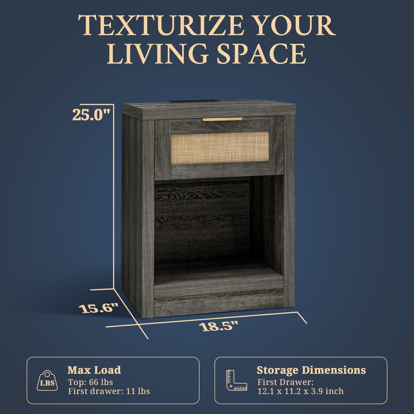 OAKHAM Rattan Nightstand set of 2 with Charging Station, Bedside Table with Type-C/USB Port, Boho Side Tables End Table for Living Room, Bedroom, Midnight Oak