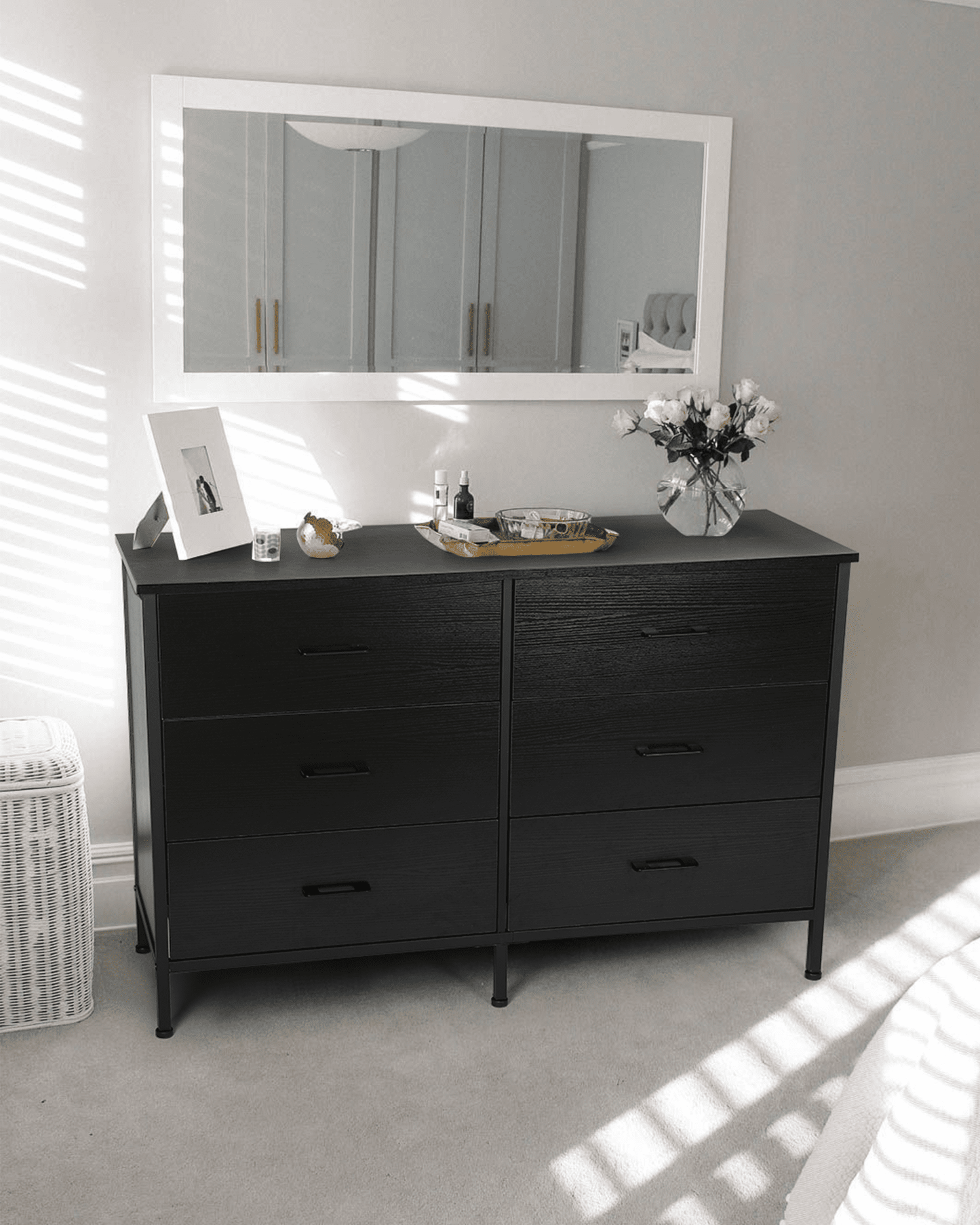 Extra Savings! Richya 47.3in Drawer Dresser Chest of 6 Drawers for Bedroom, Steel Frame, Black Storage Cabinet - Walmart.com