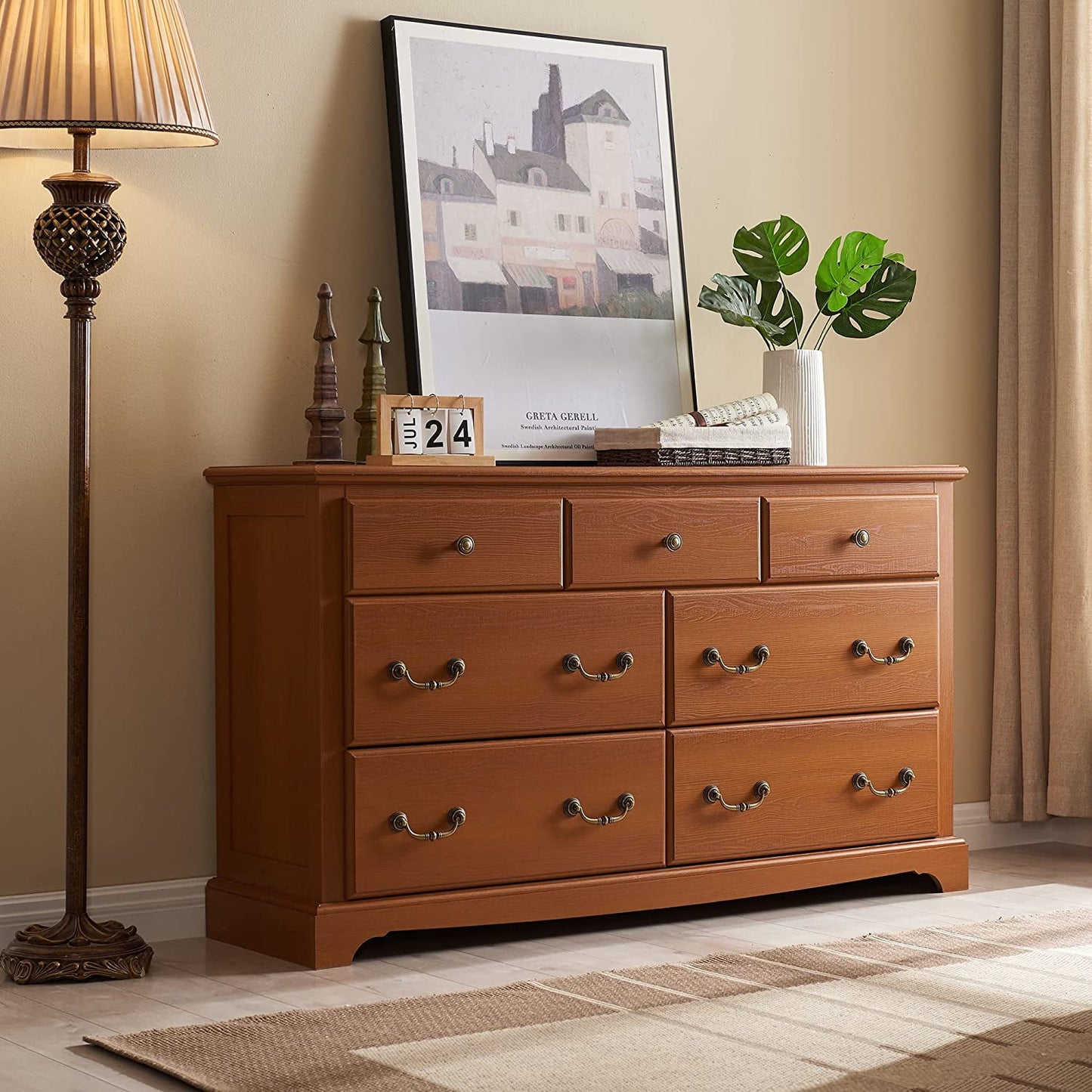 OKD 7 Drawers Dresser for Bedroom, Wide Chests of Drawers Storage Dresser Chests, Wood Rustic Storage Closet, Cherry