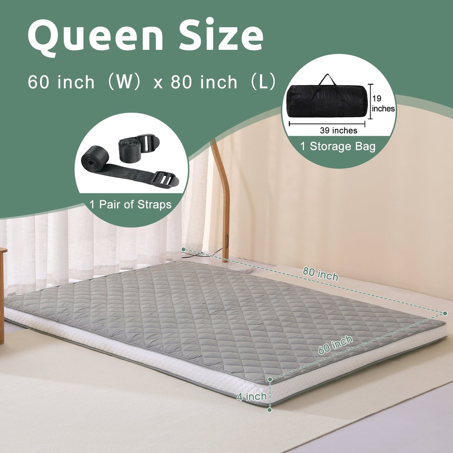 Slsy Futon Mattress, Padded Japanese Floor Mattress Quilted Bed Mattress Topper, Extra Thick Folding Sleeping Pad Breathable Floor Lounger Guest Bed for Camping Couch, Queen