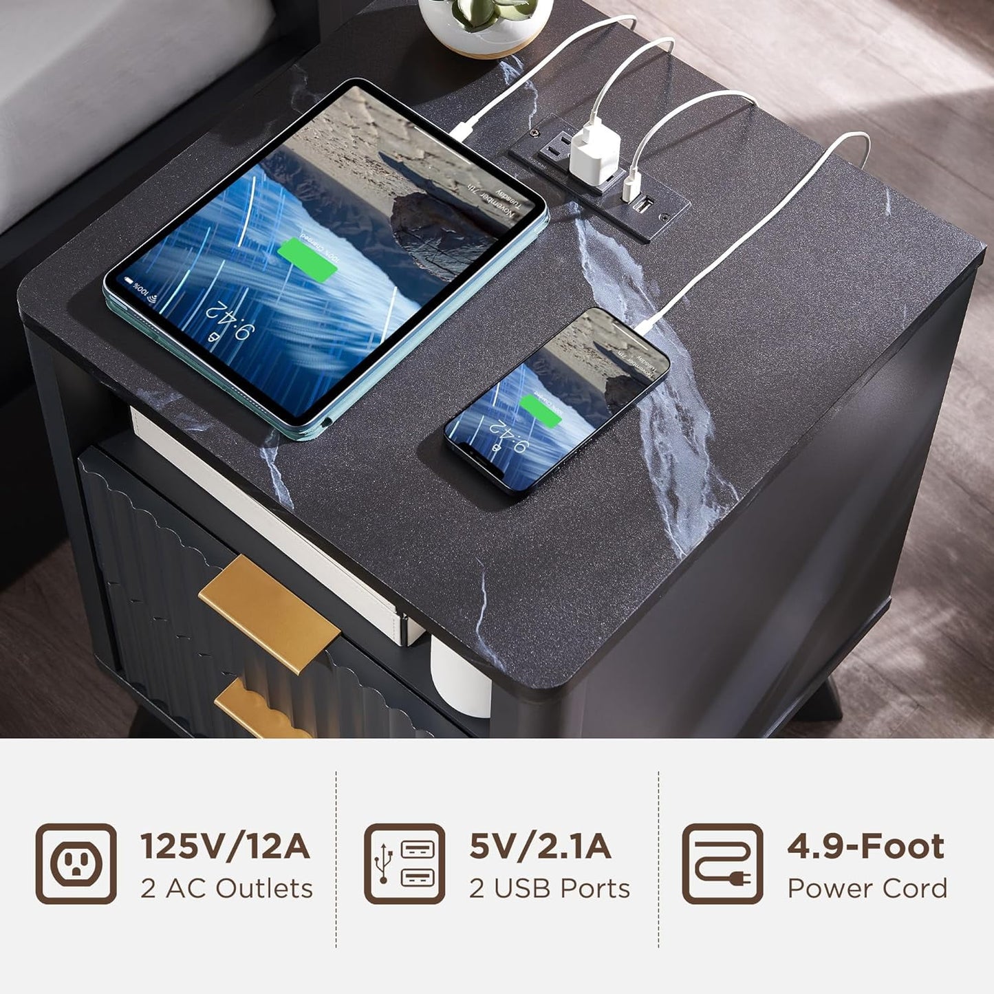 OKD 2-Drawer Mid-Century Nightstand with Charging Station, End Table for Living Room Bedroom, Fluted Panel, Dark Grey