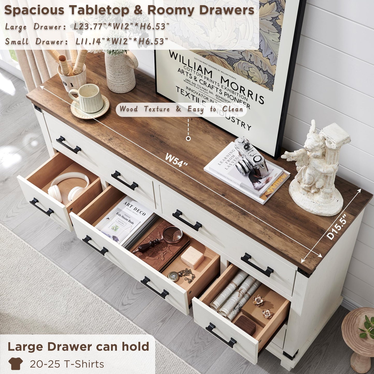 OKD Farmhouse 7 Drawers Dresser for Bedroom, Wood Large Chest of Drawers with Thick Plank Styling, Rustic Closet Dresser for Bedroom, Living Room, Antique White