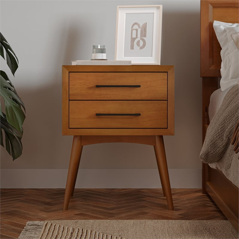 AFI Pasadena Solid Wood Mid-Century Modern Nightstand with 2 Drawers, Light Toffee