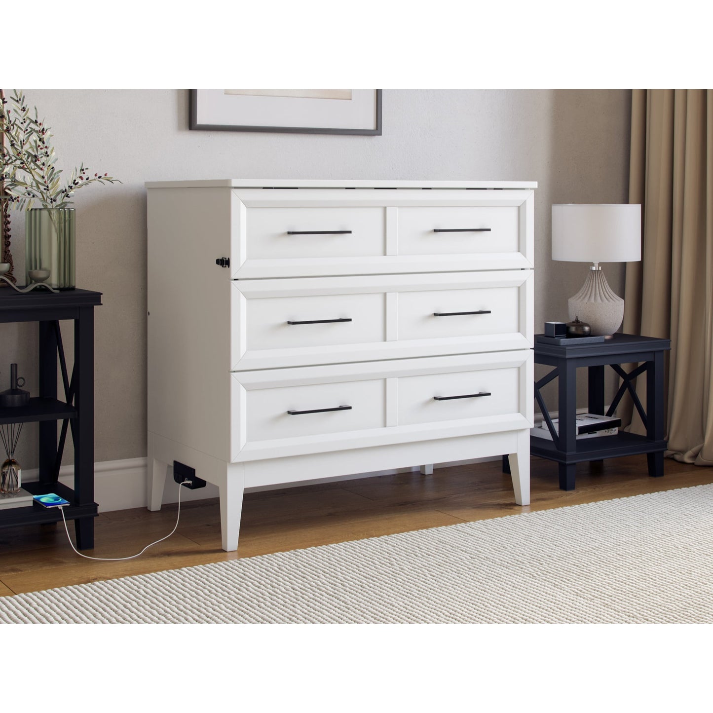 AFI Santa Fe Twin Wood Murphy Bed Chest with Mattress and Built-in Charger, White