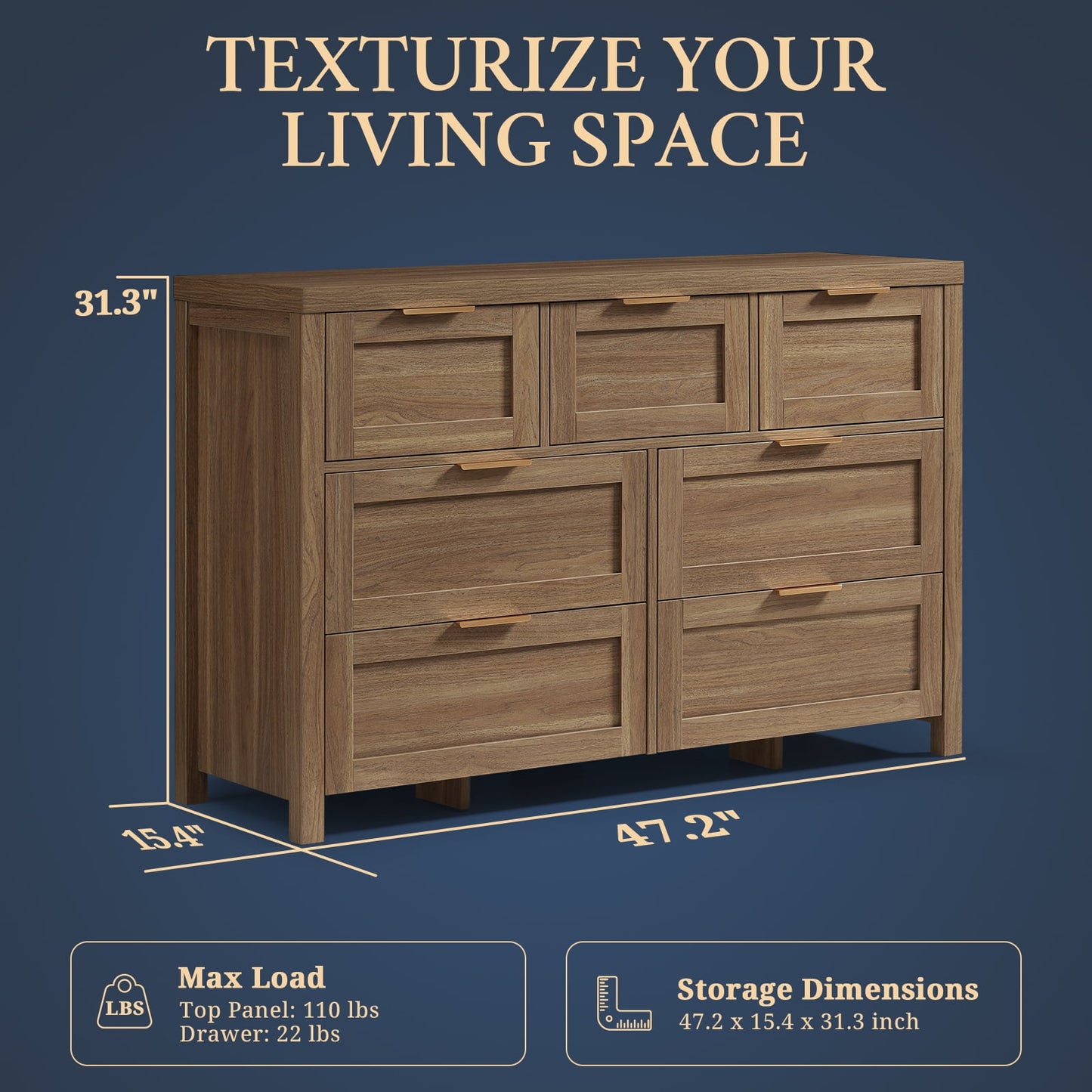 OAKHAM 7 Drawer Dresser, Wooden Chest of Drawers for Bedroom Living Room, Walnut