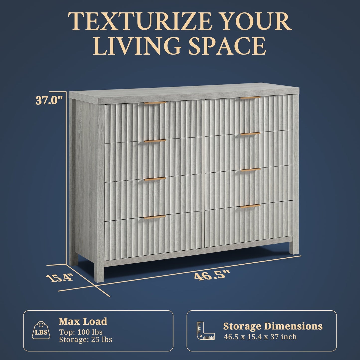 OAKHAM 8 Drawer Dresser, Fluted Wide Chest of Drawers for Bedroom Living Room, Pale Oak