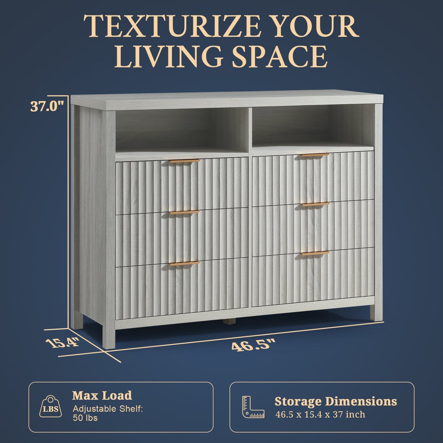 OAKHAM 6 Drawer Dresser, Fluted Wide Chest of Drawers for Bedroom Living Room, Pale Oak