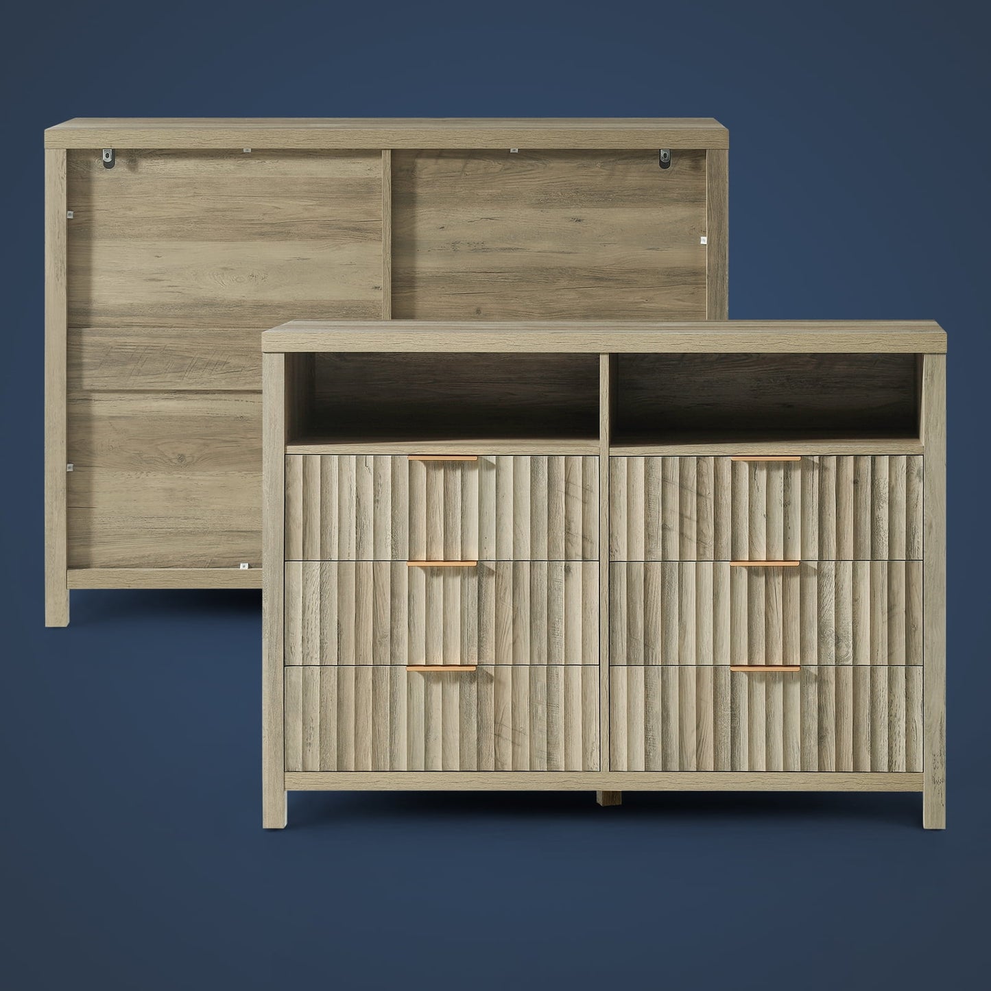 OAKHAM Modern 6 Drawer Dresser, Natural Wooden Fluted Chest of Drawers for Bedroom & Living Room, Sunwashed Ash Oak