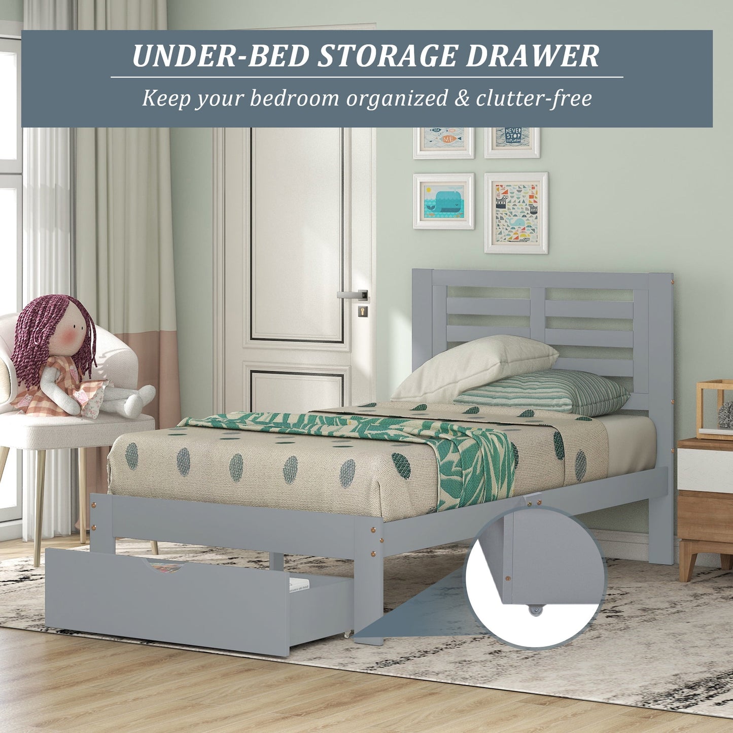 UHOMEPRO Twin Kids Platform Bed Frame with Headboard, Wood Twin Bed Frame Storage Bed for Bedroom, Modern Twin Size Bed Frame with Drawer, Wood Slats Support, No Box Spring Needed, Gray