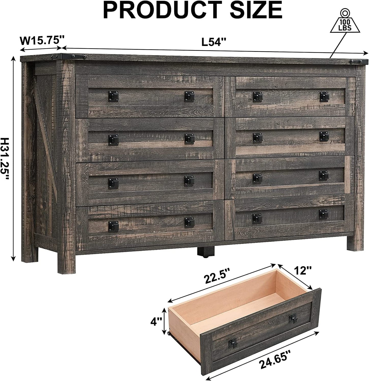 Farmhouse Style OKD 8-Drawer Wooden Dresser Chest, Rustic Tall Storage Cabinet for Bedroom, Dark Rustic Oak