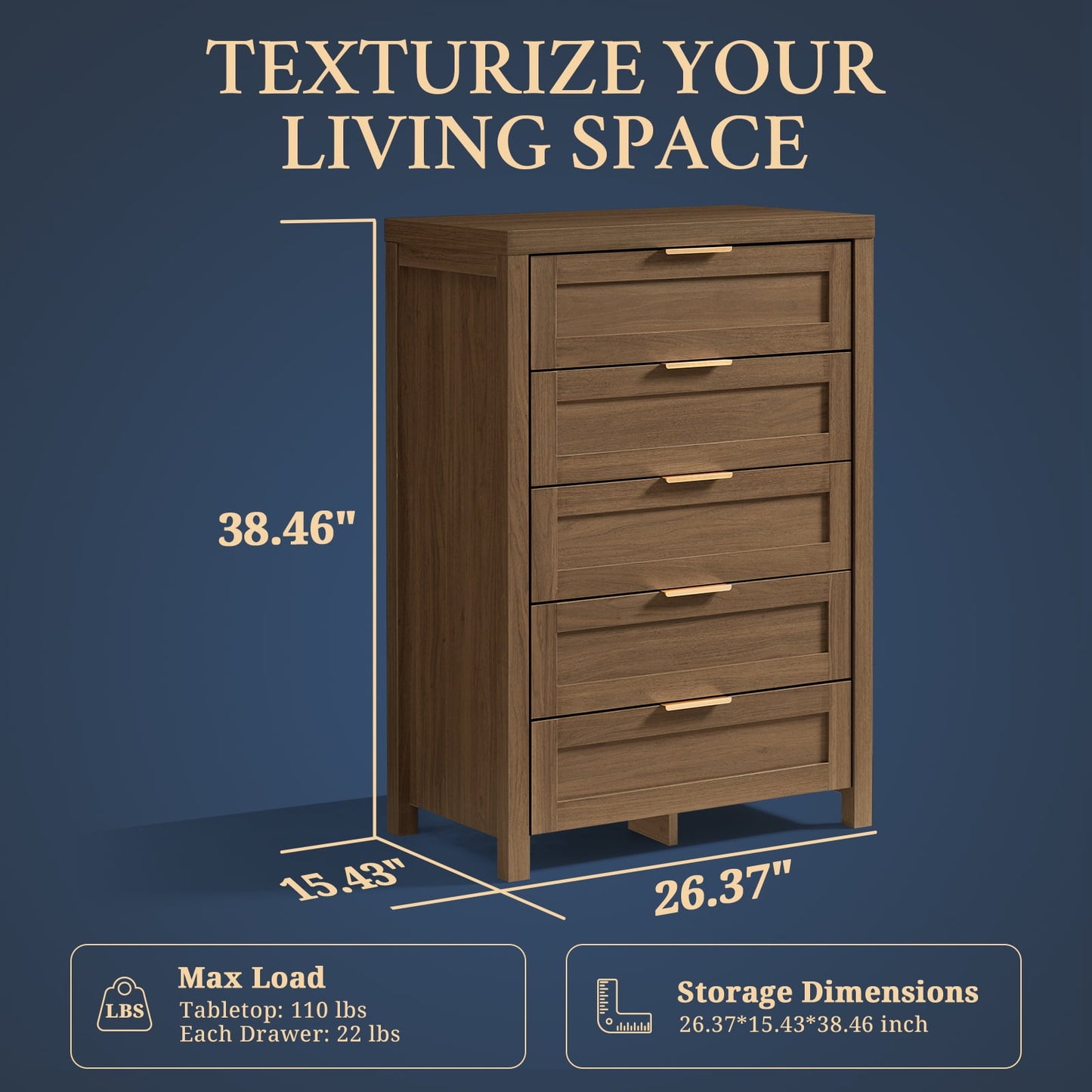 OAKHAM 5 Drawer Dresser Set of 2, Modern Wooden Chests of Drawers, Tall Dressers for Bedroom, Special Walnut