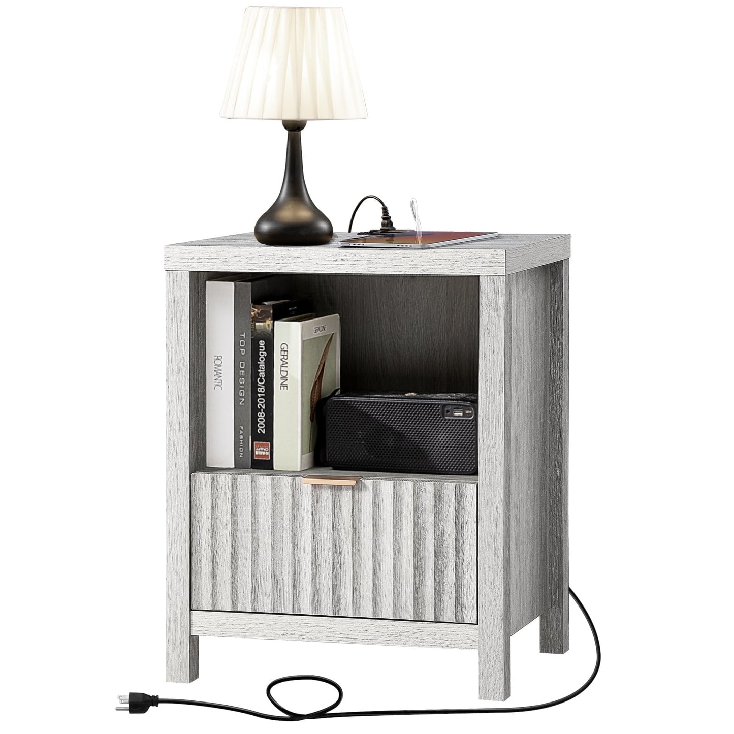 OAKHAM Nightstand with Charging Station, Bedside Tables with USB/Type-C Ports, Farmhouse Side Table End Table for Bedroom, Living Room, Pale Oak