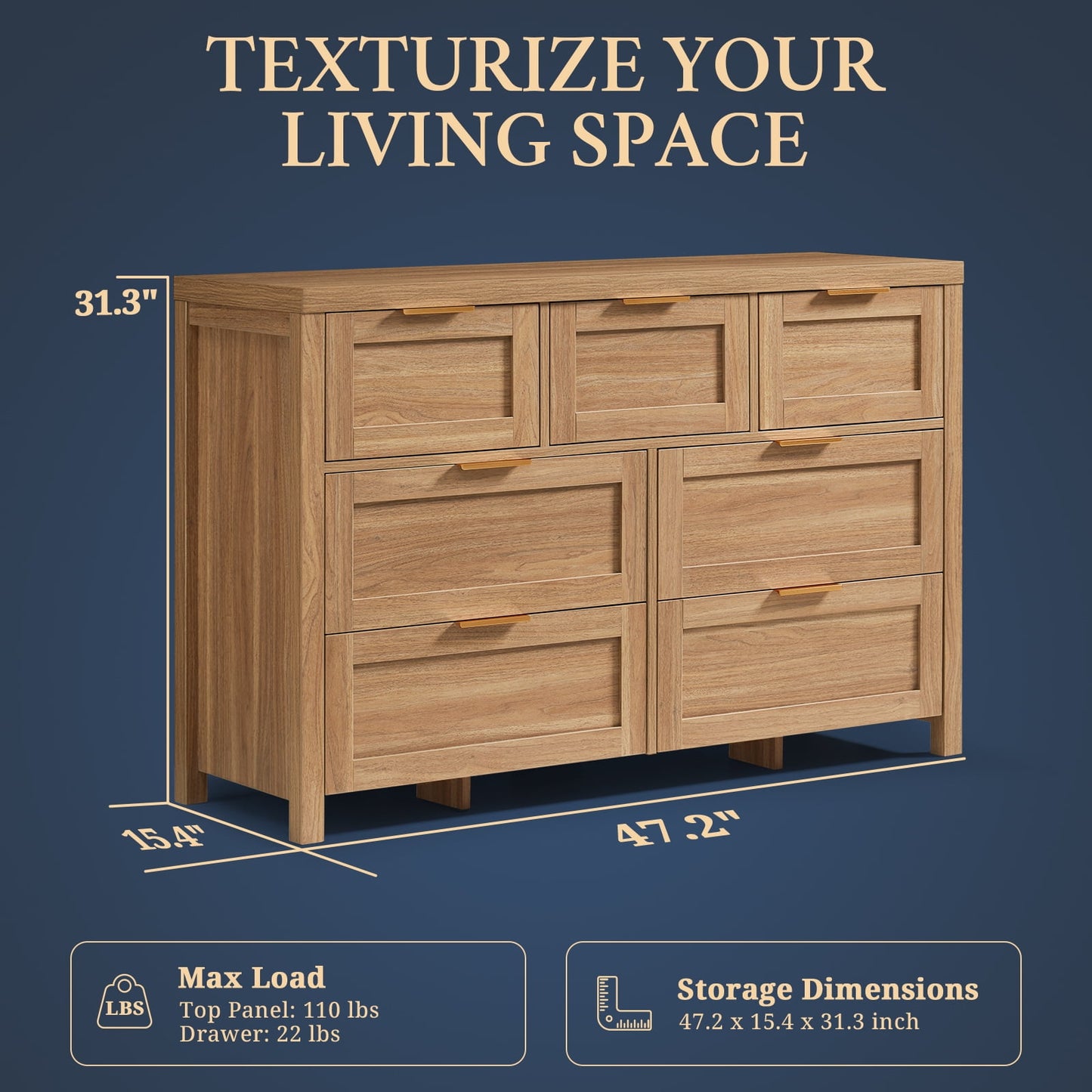 OAKHAM 7 Drawer Dresser, Wooden Chests of Drawers, Modern Large Dressers for Bedroom, Weathered Oak