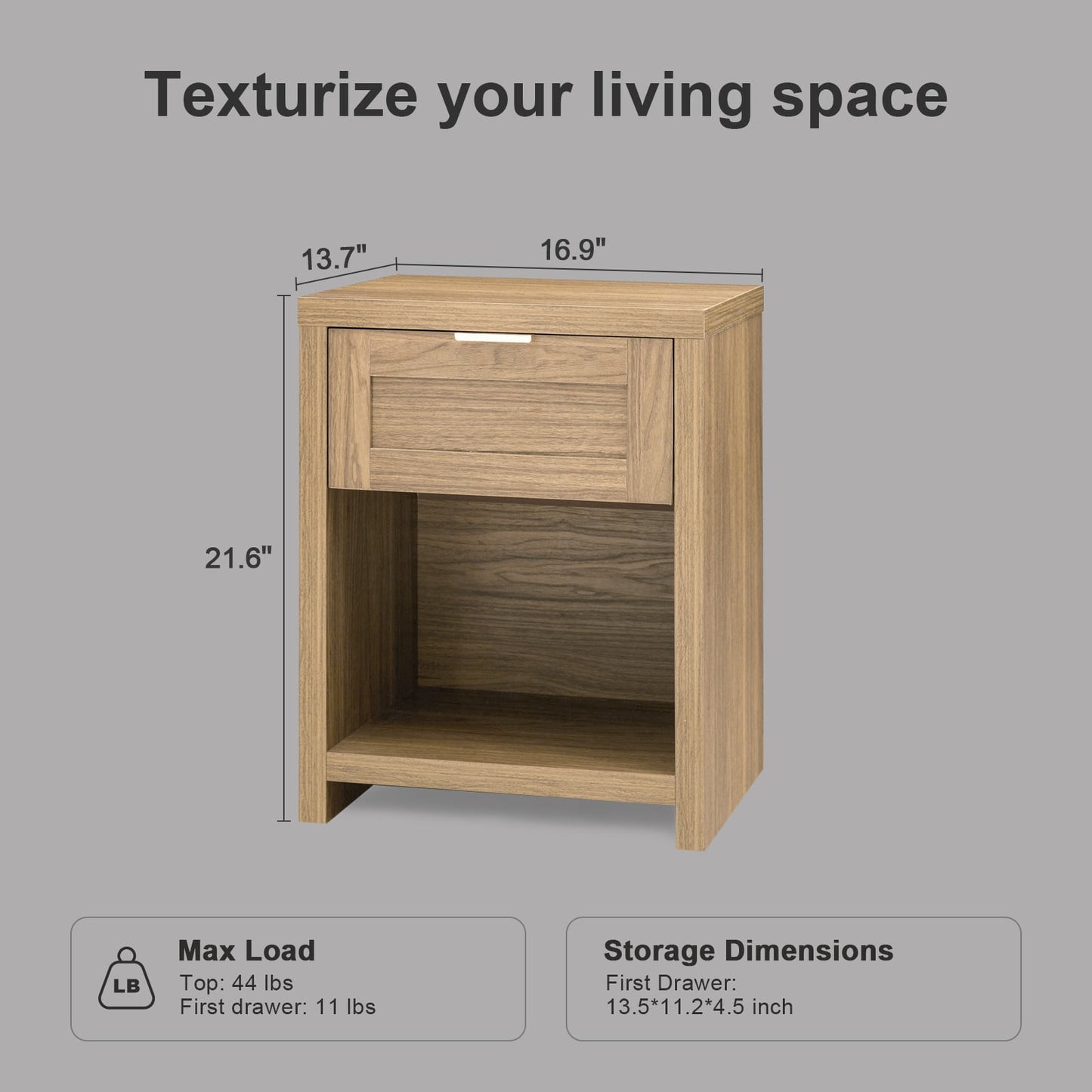 OAKHAM Farmhouse Nightstands Set of 2, Boho End Table with Drawer and Open Shelf, Bedside Table for Bedroom Living Room, Weathered Oak