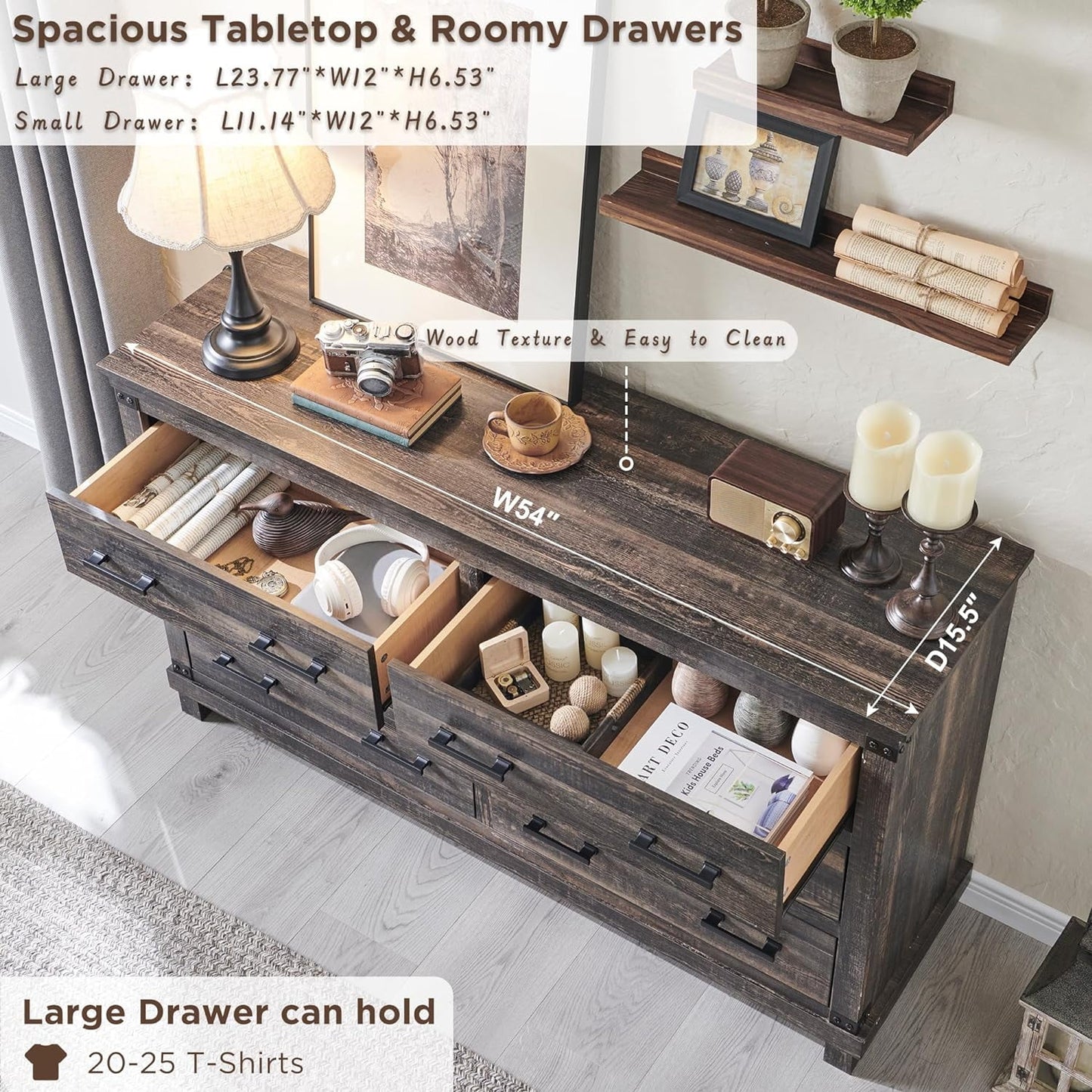 OKD 54in W Farmhouse Dresser 7 Drawers Modern Rustic Wood Chest of Drawers Closet Storage Organizers for Bedroom Living Room Hallway, Dark Rustic Oak