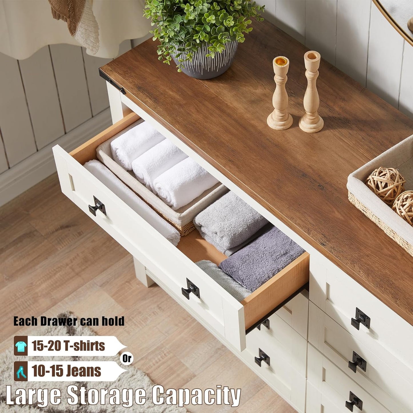 OKD 8 Drawers Dresser Chests for Home Bedroom Living Room, Farmhouse Wood Rustic Tall Chest of Drawers, Antique White