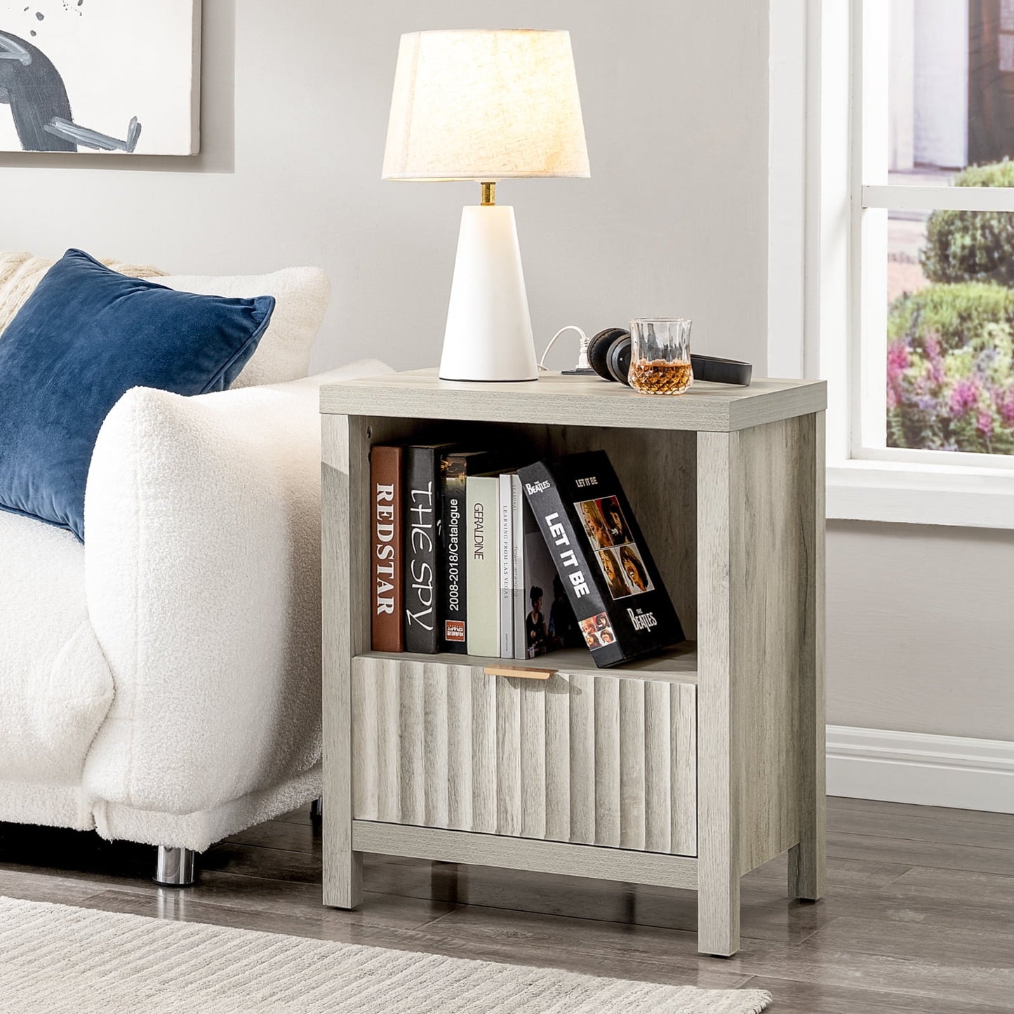 OAKHAM Nightstand with Charging Station, Bedside Tables with USB/Type-C Ports, Farmhouse Side Table End Table for Bedroom, Living Room, Gray Oak