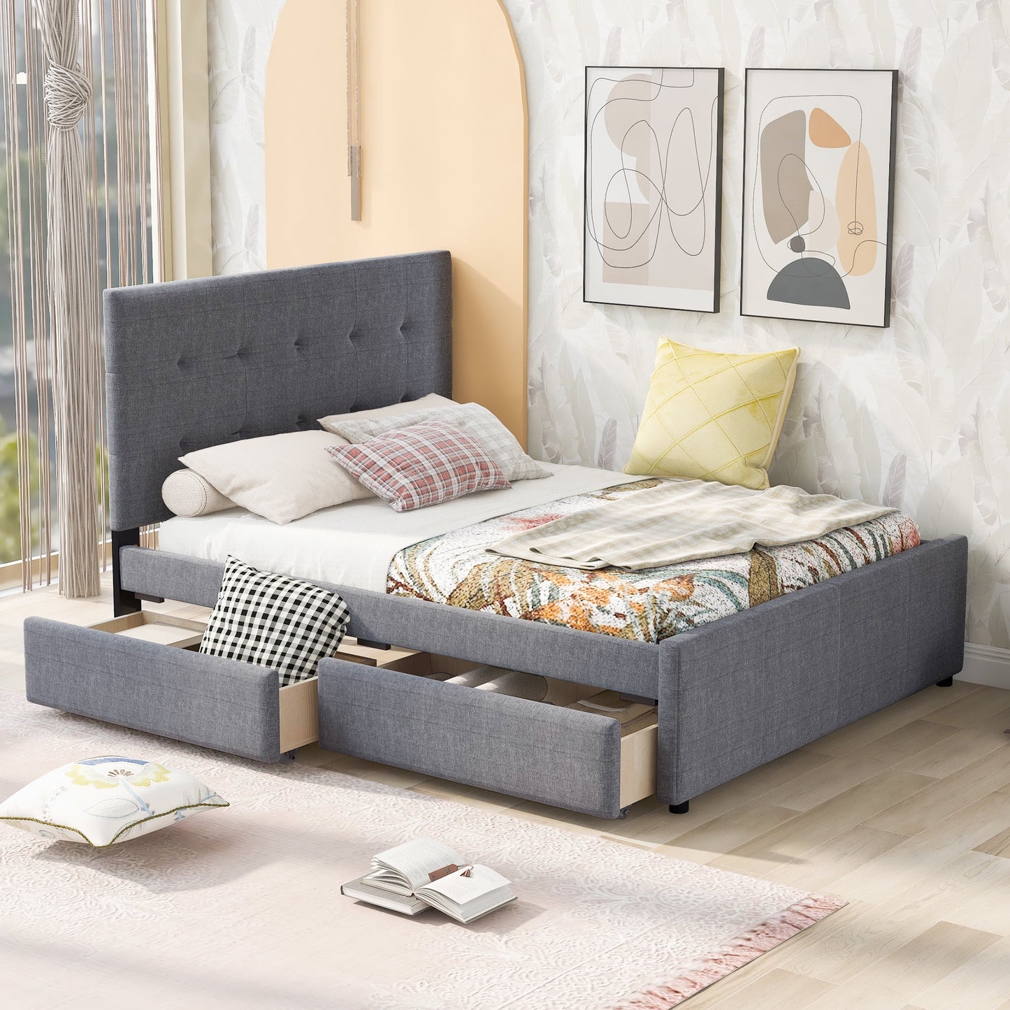 BTMWAY Queen Size Upholstered Linen Platform Bed with Storage, Drawers, No Box Spring Required, Gray