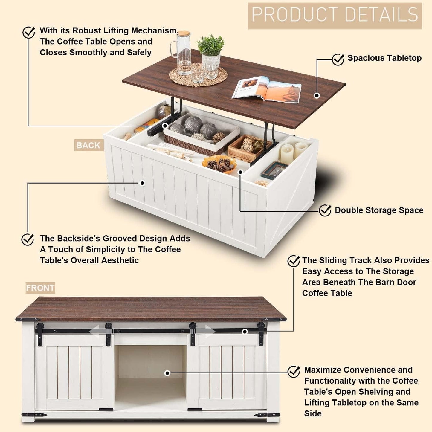 SinCiDo Farmhouse Furniture Living Room Decor, Tall TV Stand for 80 Inch TVs, Lift Top Coffee Table with Storage, End Table with Charging Station