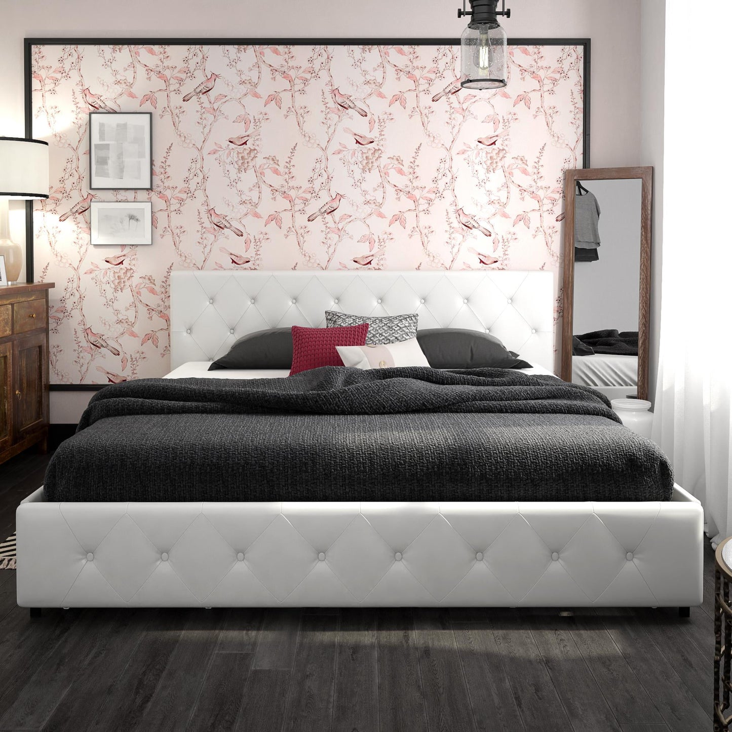 DHP Dakota Tufted Upholstered Storage Bed Frame, King, White Faux Leather