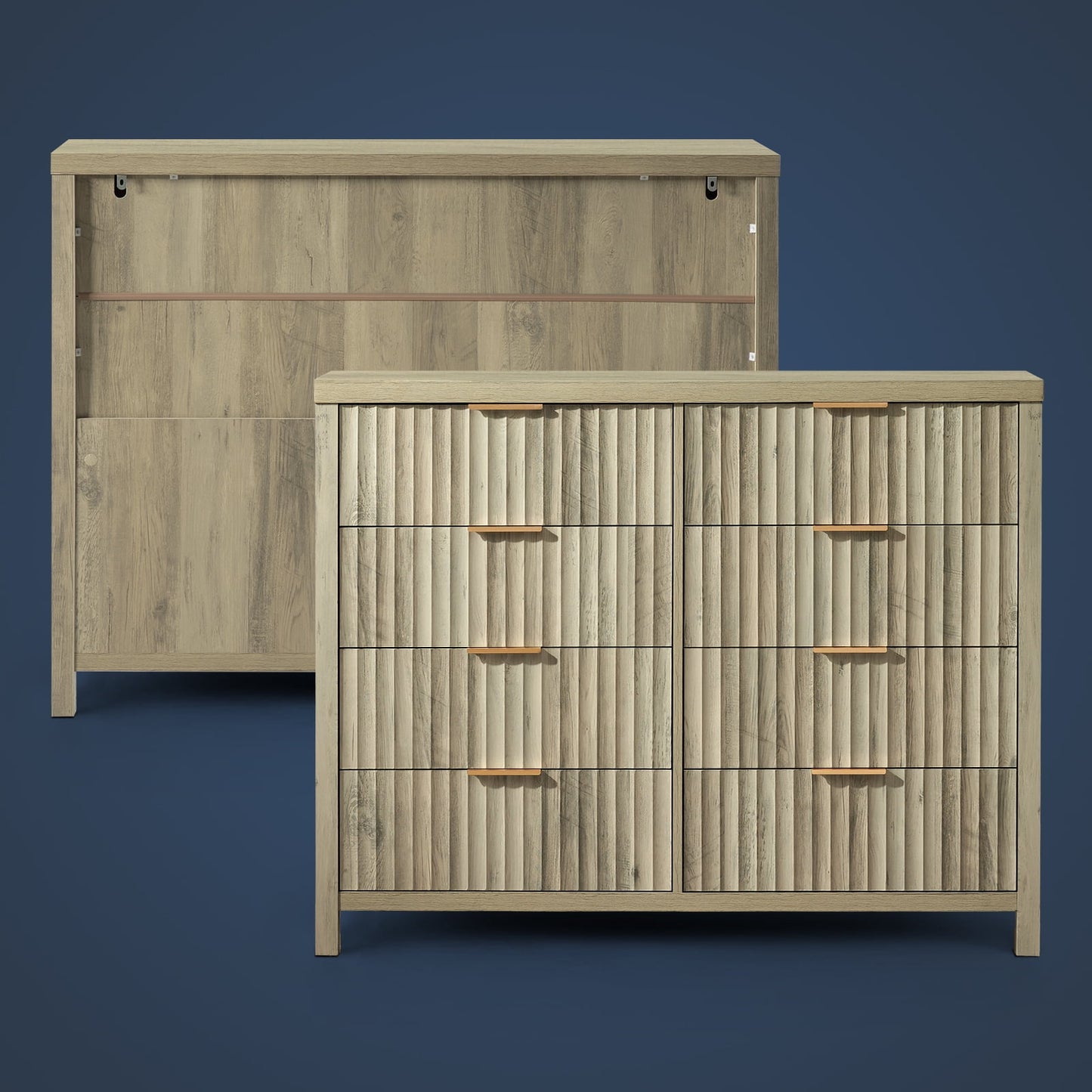 OAKHAM 8 Drawer Dresser, Fluted Wide Chest of Drawers for Bedroom Living Room, Sunwashed Ash Oak