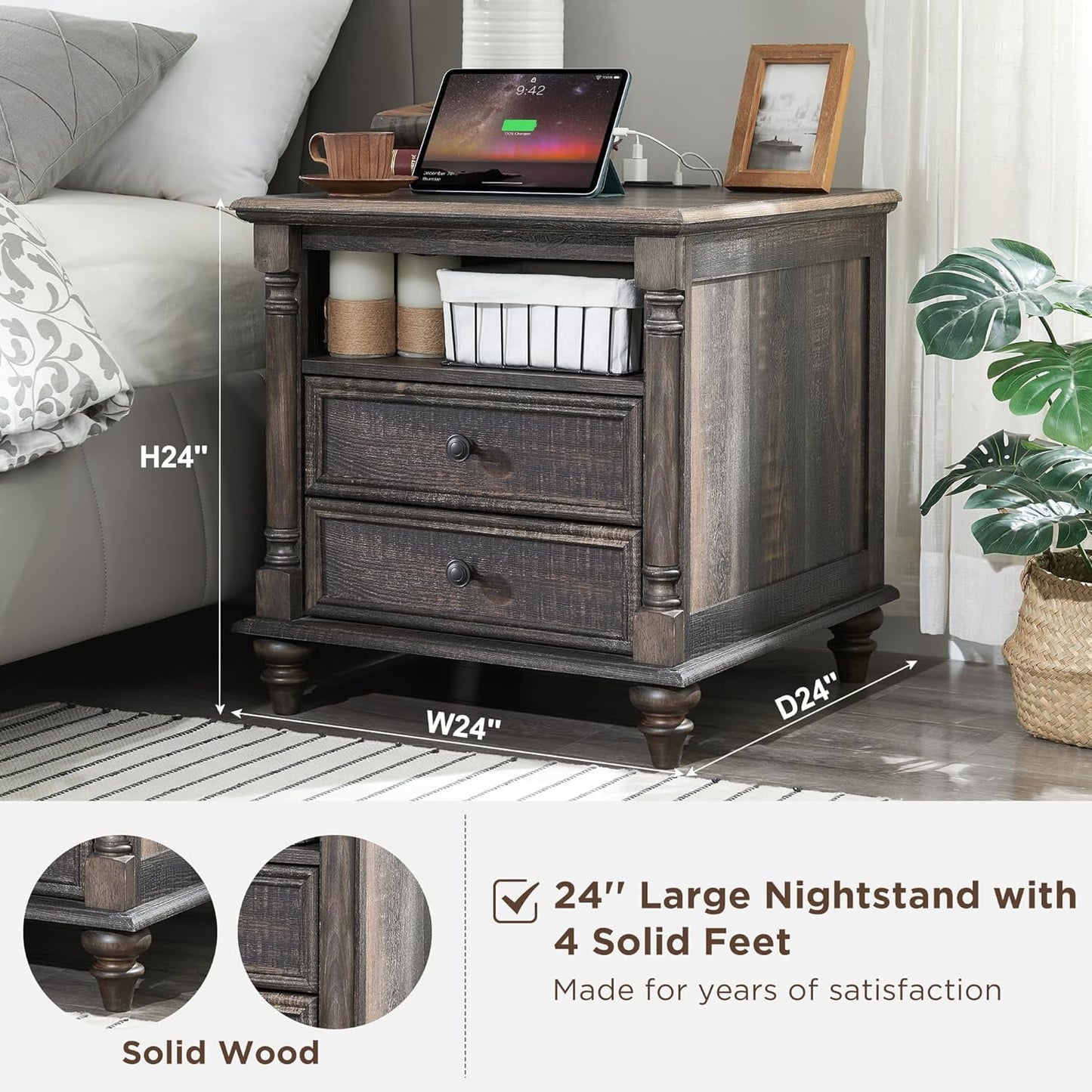 OKD Farmhouse 24in Side Table With 2 Drawers End Table with Charging Station, Tall Rustic Wood Square Nightstand for Living Room, Bedroom, Office,Dark Rustic Oak
