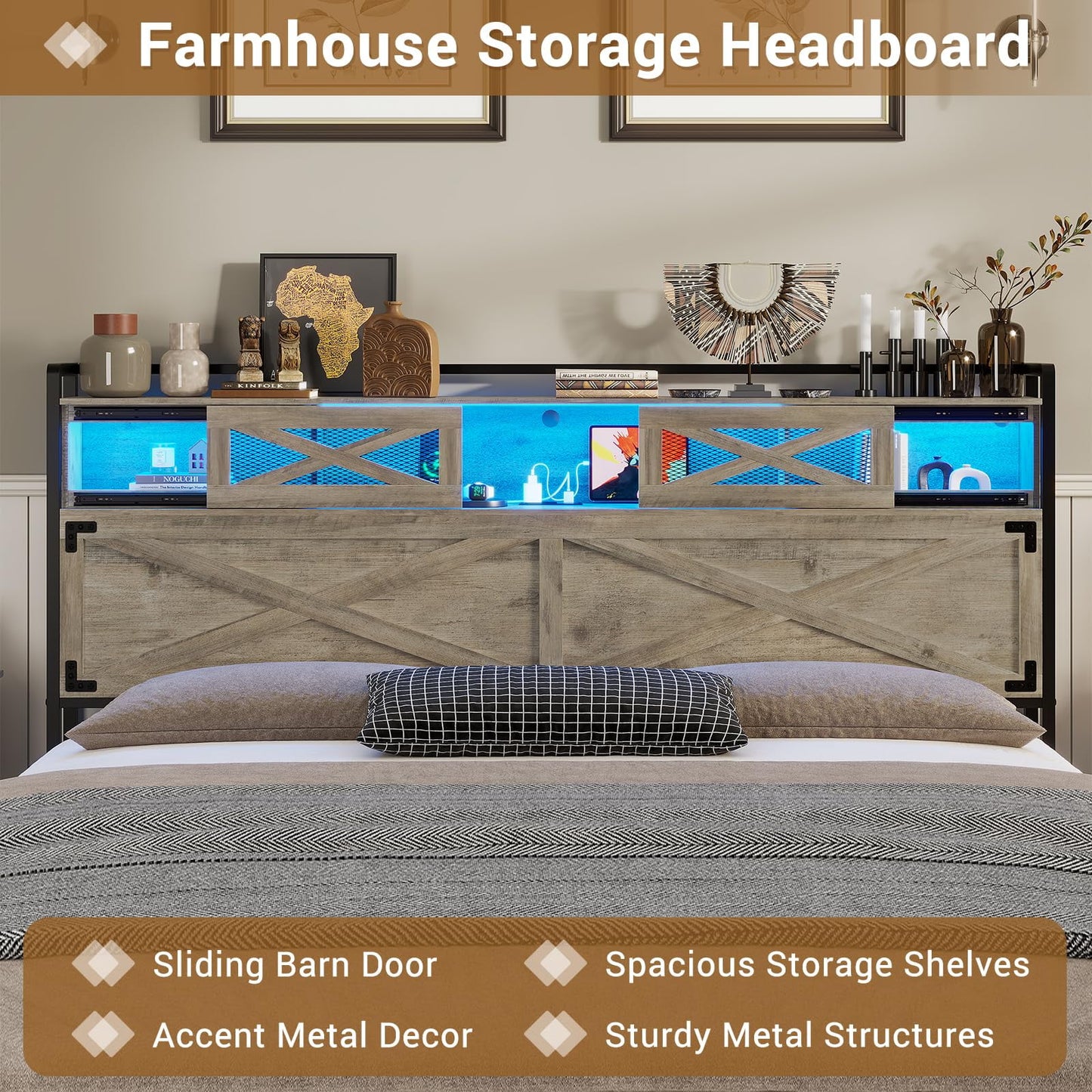 Mabor Queen Size Farmhouse Bed Frame with LED Lights, Charging Station and Storage, Rustic Oak Finish