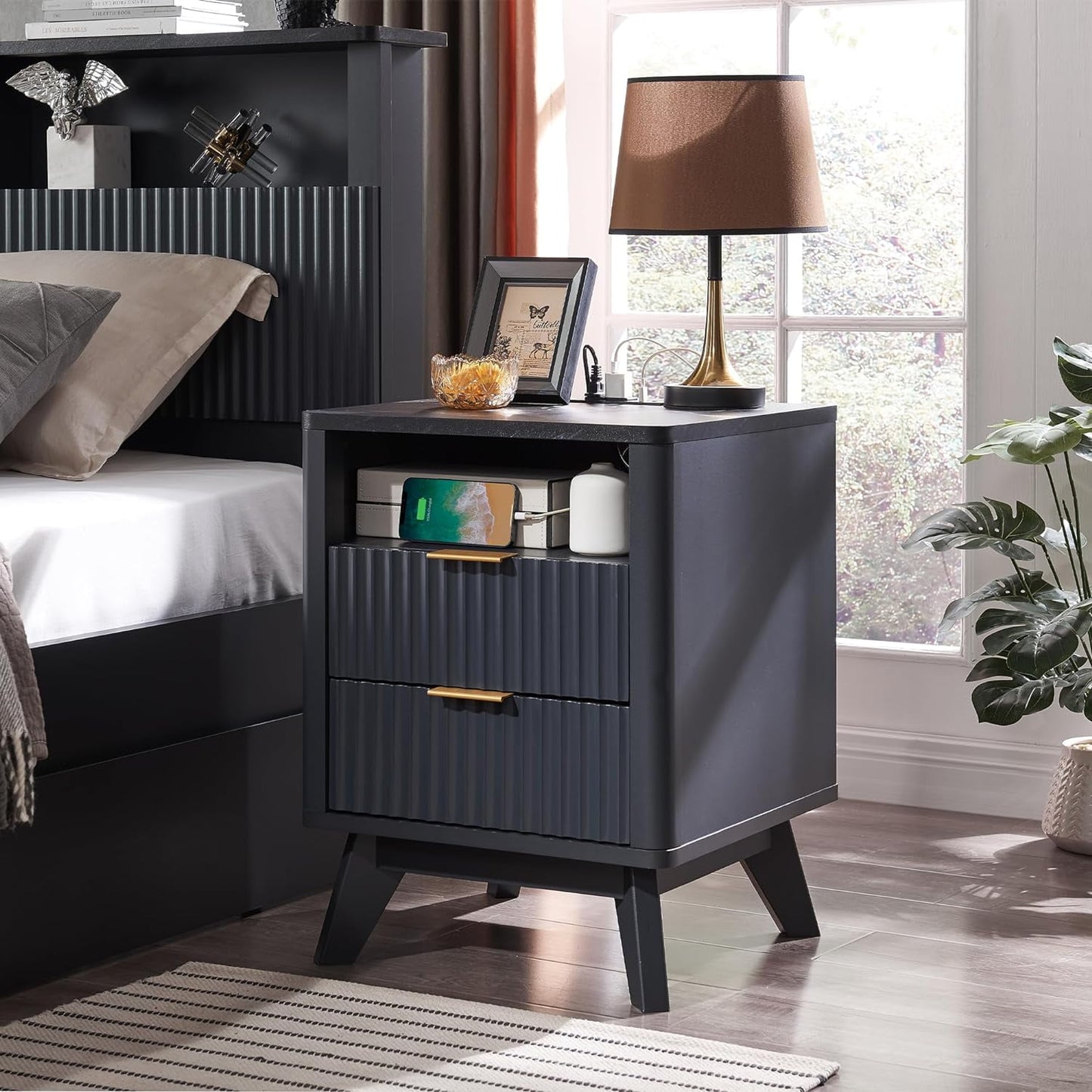 OKD 2-Drawer Mid-Century Nightstand with Charging Station, End Table for Living Room Bedroom, Fluted Panel, Dark Grey
