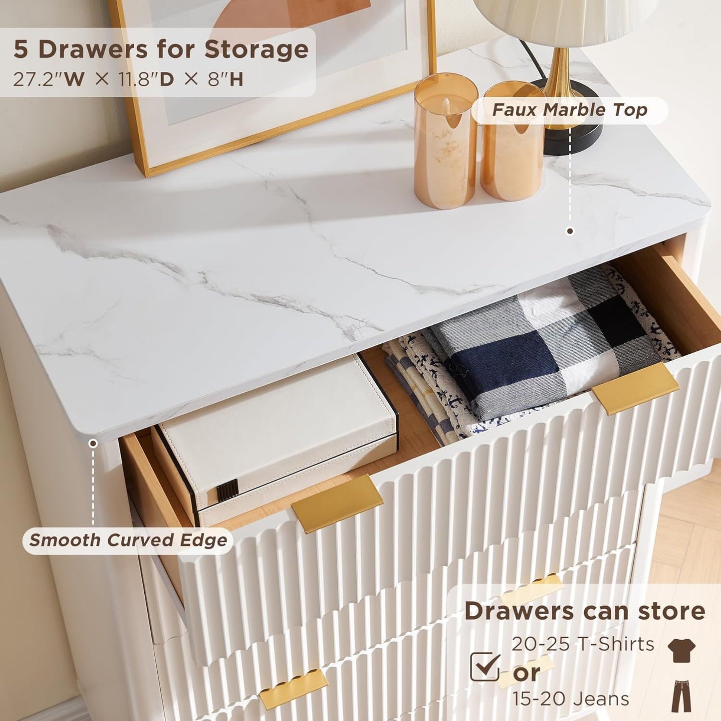 OKD 5 Drawers White Dresser with Faux Marble Top, Modern Storage Cabinet for Bedroom, Chest of Drawers Wood Organizer for Living Room