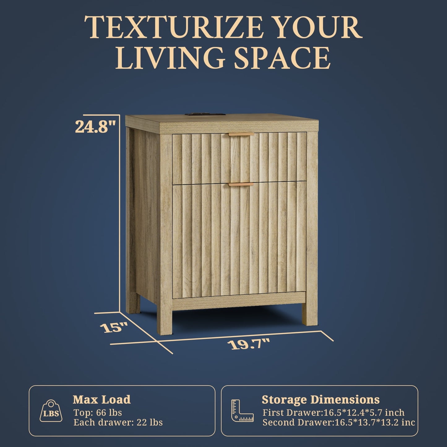 OAKHAM 2-Drawer Nightstand with Charging Station, Farmhouse Bedside table with USB/Type-C Ports