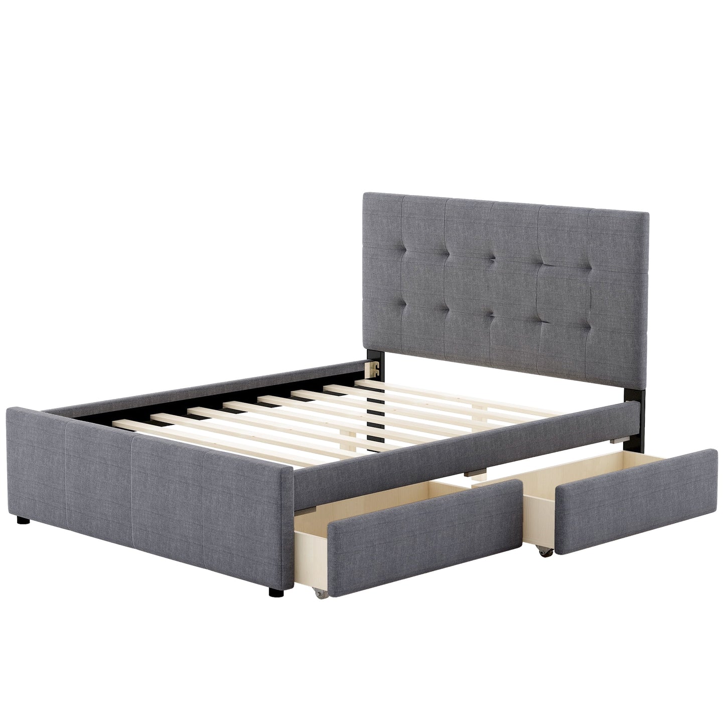 BTMWAY Queen Size Upholstered Linen Platform Bed with Storage, Drawers, No Box Spring Required, Gray