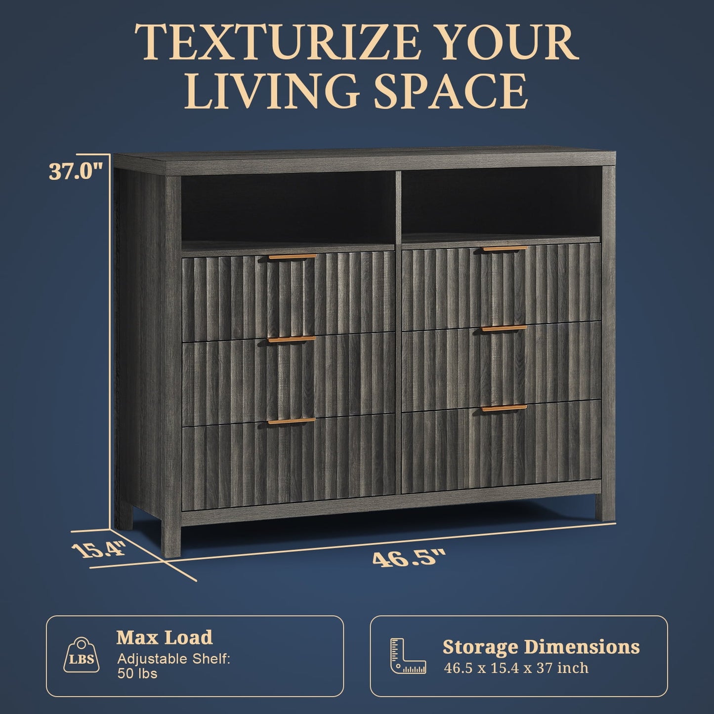 OAKHAM 6 Drawer Dresser, Fluted Wide Chest of Drawers for Bedroom Living Room, Midnight Oak