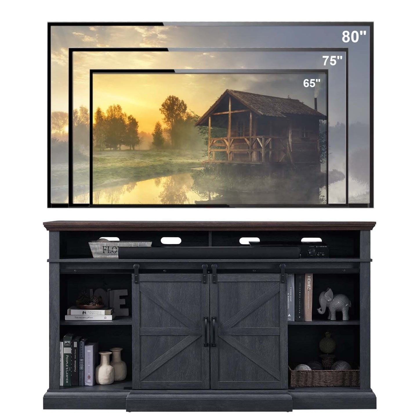 SinCiDo Farmhouse Furniture Living Room Decor, Tall TV Stand for 80 Inch TVs, Lift Top Coffee Table with Storage, End Table with Charging Station
