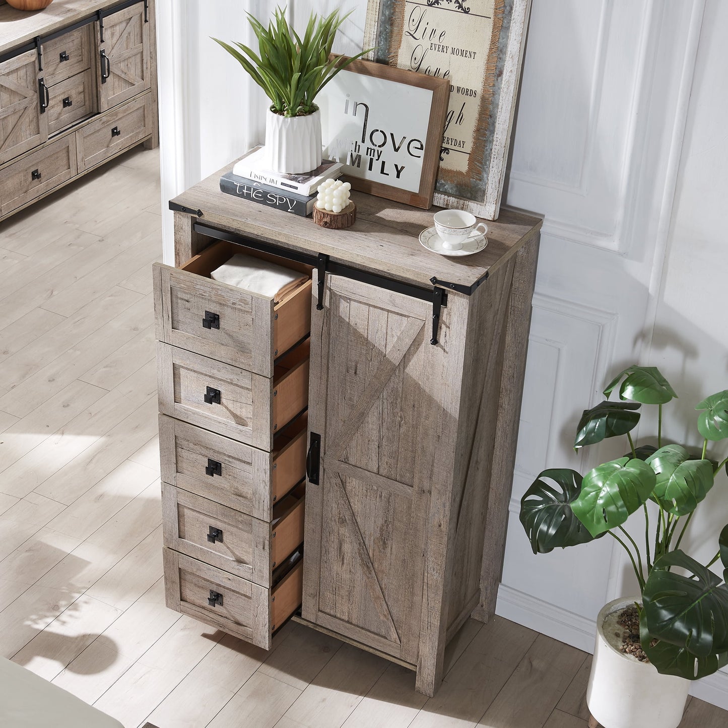 Extra Savings! OKD Farmhouse Tall 5-Drawer Dresser with Sliding Barn Door, Bedroom Storage Cabinet, Light Rustic Oak - Walmart.com