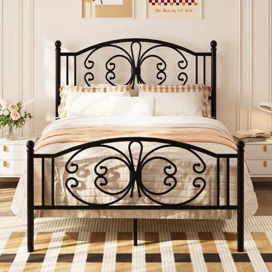 18-Inch High Queen Bed Frame Metal Platform Bed with Butterfly Pattern Design and Ample Underbed Storage - Sturdy, Durable, and Easy Assembly(Black)
