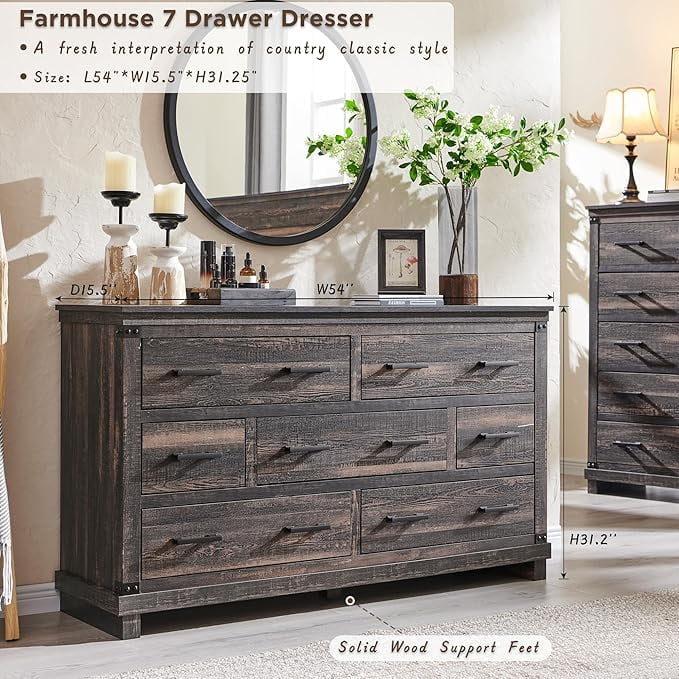 OKD Farmhouse 7 Drawers Dresser for Bedroom, Wood Large Chest of Drawers with Thick Plank Styling, Rustic Closet Dresser for Bedroom, Living Room, Dark Rustic Oak