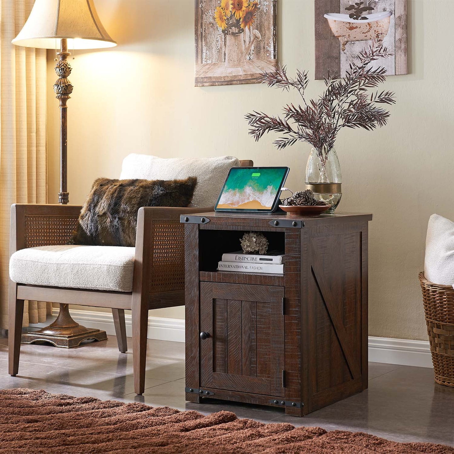 SinCiDo Nightstand with Charging Station, 20in Farmhouse End Table w/Groove Barn Door, Bedside Table