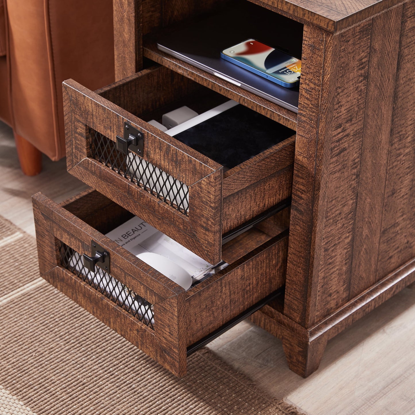 OKD 2-Drawer Farmhouse Wooden Nightstand with USB Charging Station for Living Room, Modern Square End Table, Reclaimed Barnwood