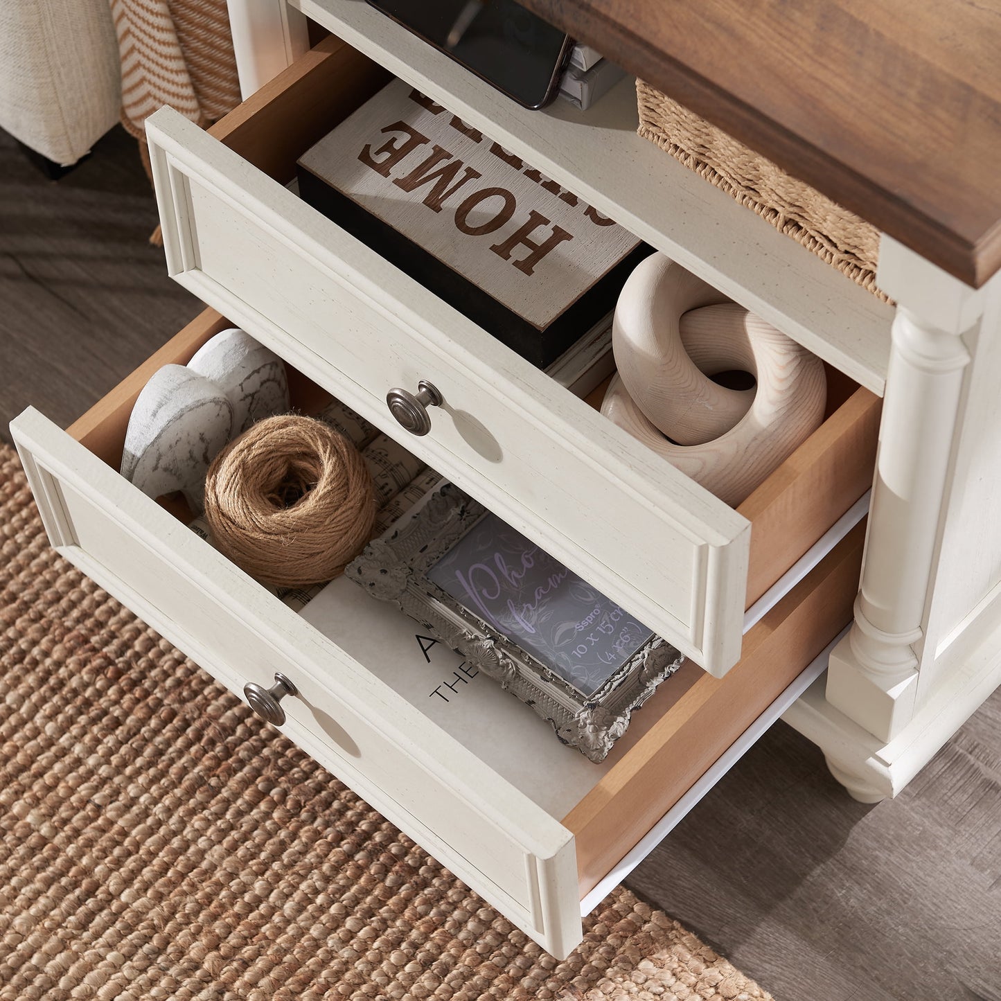 OKD Farmhouse 24in End Side Table with 2 Drawers Nightstand with Charging Station Rustic Wood Square for Living Room, Bedroom, Antique White