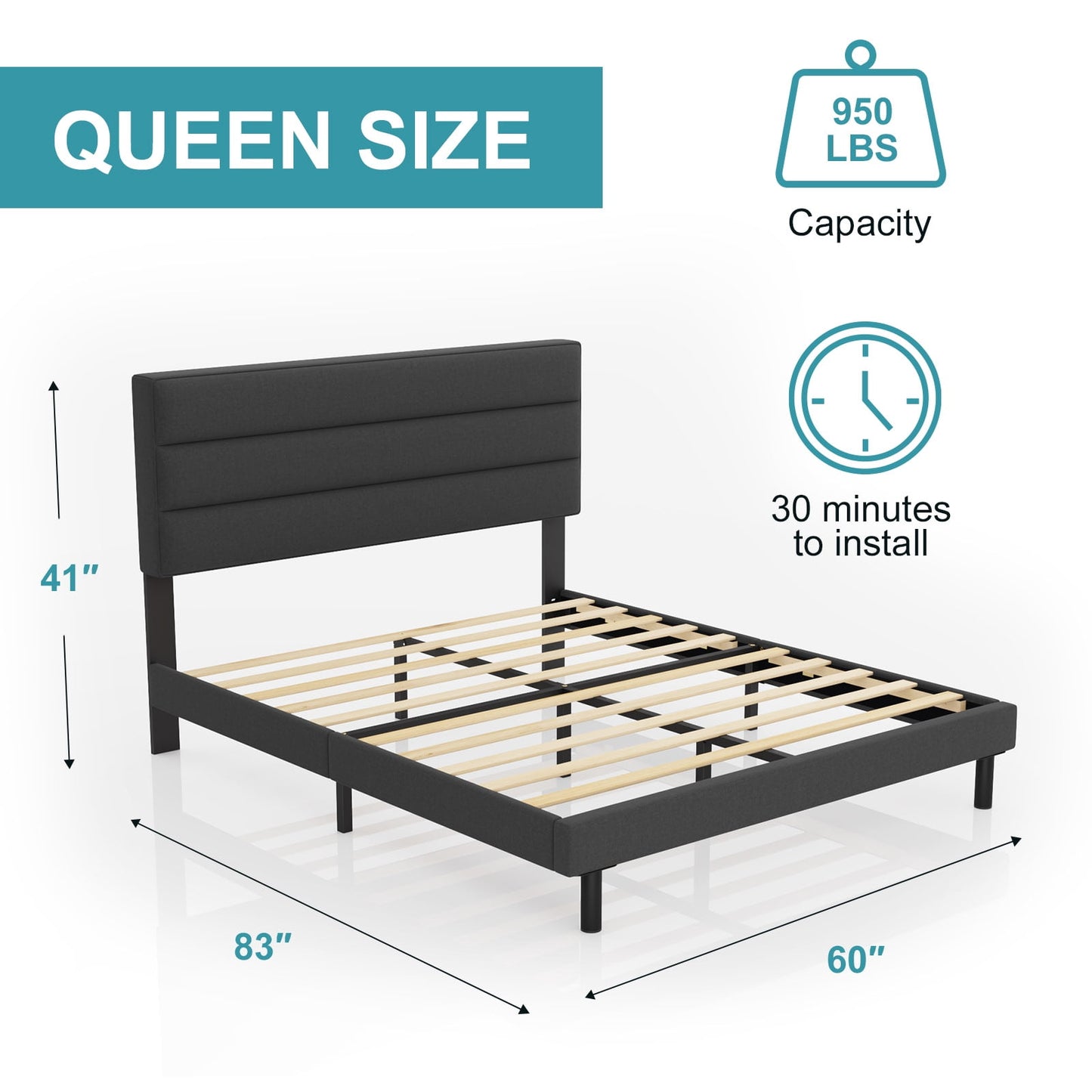 HAIIDE Queen Bed Frame with Upholstered Fabric Headboard and Sturdy Construction, Easy Assembly, Dark Grey
