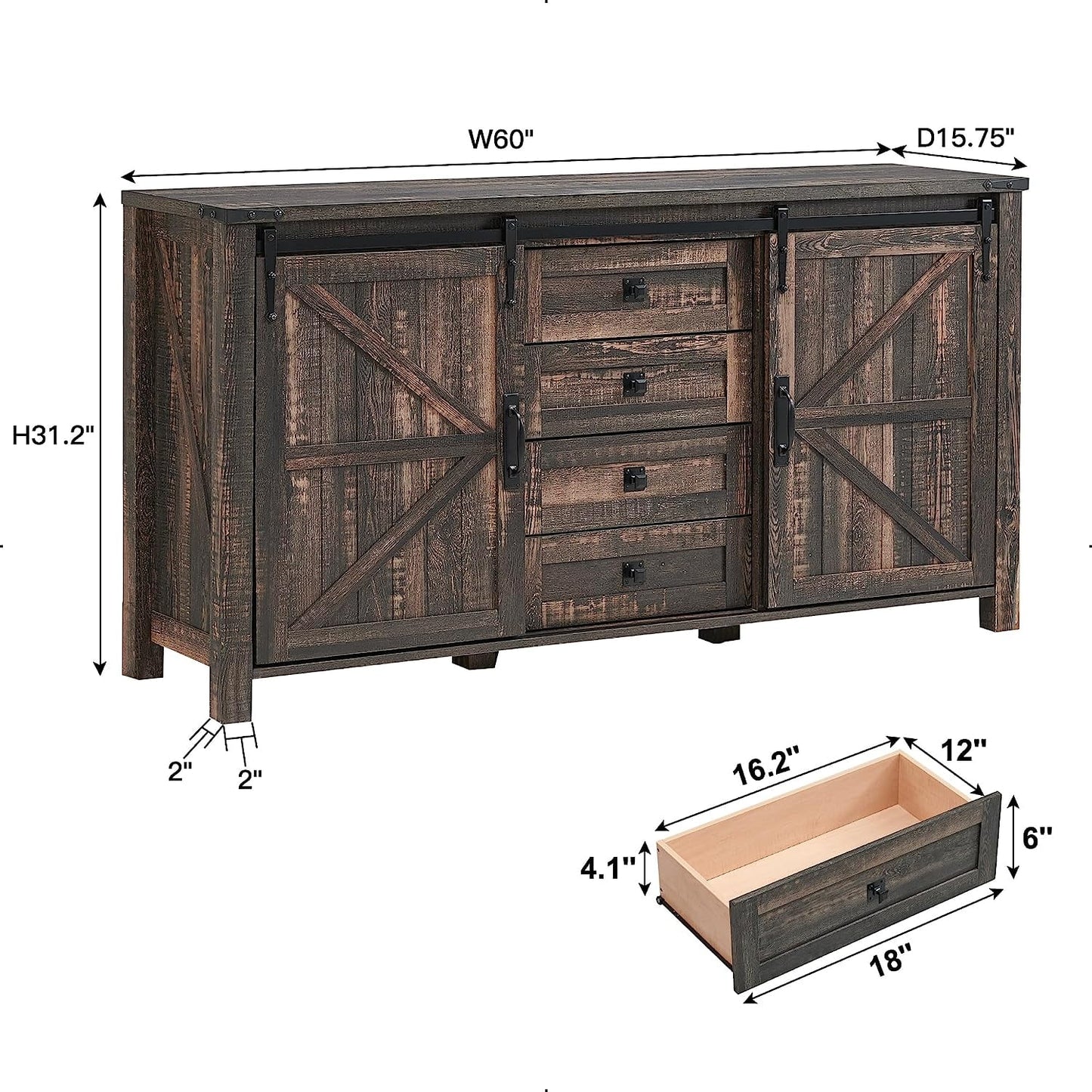 OKD 60in Farmhouse Dresser 4 Drawer Modern Storage Cabinet with Sliding Barn Door for Bedroom, Chest of Drawers Wood Organizer TV Stand for Living Room, Dark Rustic Oak