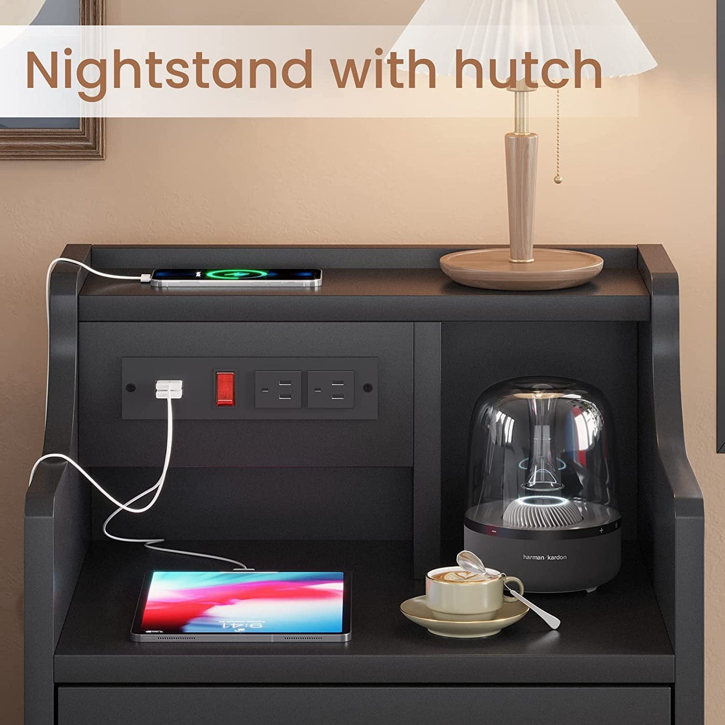 Nightstands Set of 2,Black Nightstand with Hutch and 3 Drawers,Bedside Table with Charging Station for Bedrooms