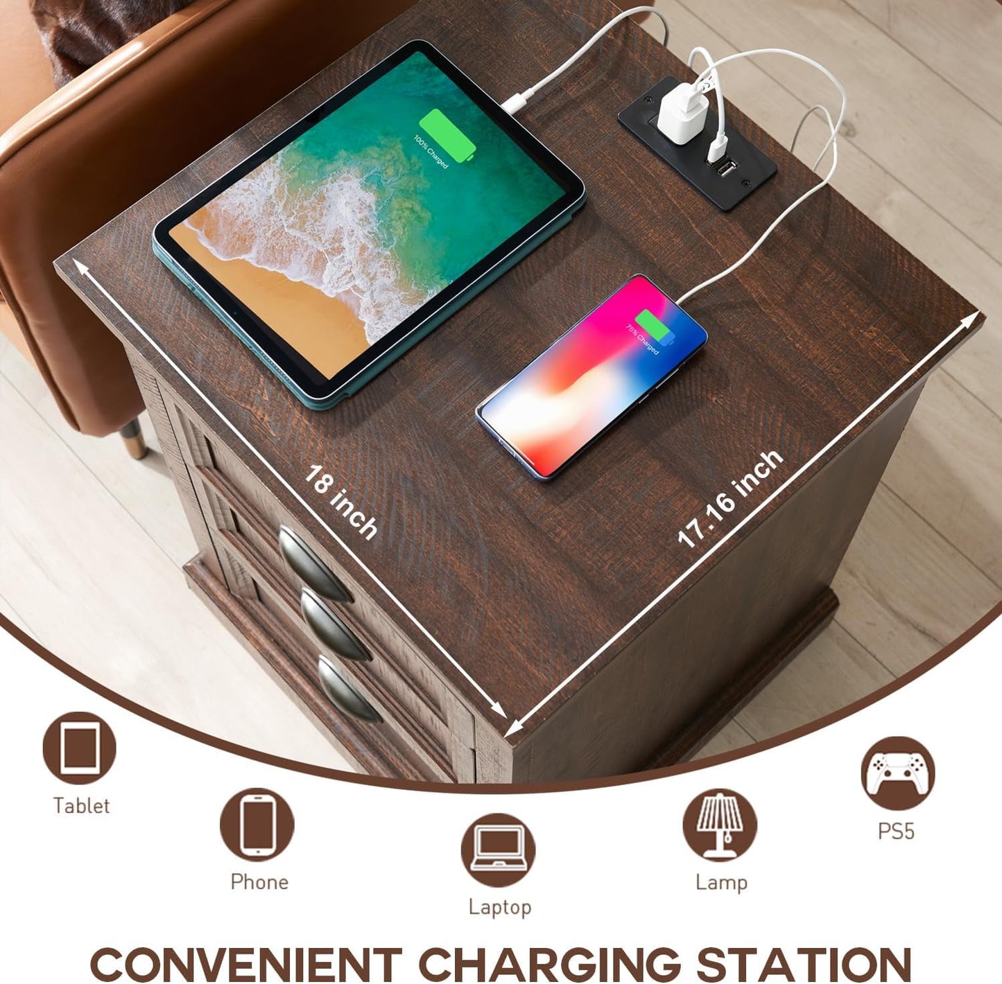 SinCiDo End Table, Dresser for Bedroom with 3 Drawers, Small Wood Rustic Nightstand with Charging Station for Living Room