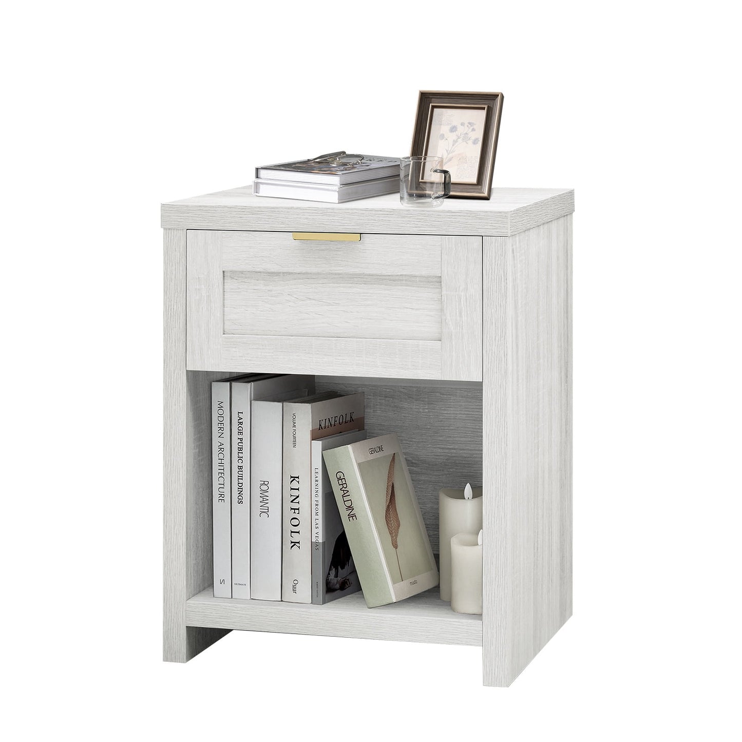 OAKHAM Farmhouse Nightstand, Boho End Table with Drawer and Open Shelf, Bedside Table for Bedroom Living Room, Pale Oak