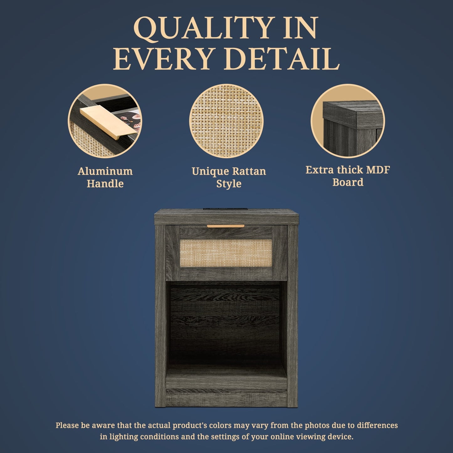 OAKHAM Rattan Nightstand with Charging Station, Bedside Table with Type-C/USB Port, Boho Side Tables End Table for Living Room, Bedroom, Midnight Oak